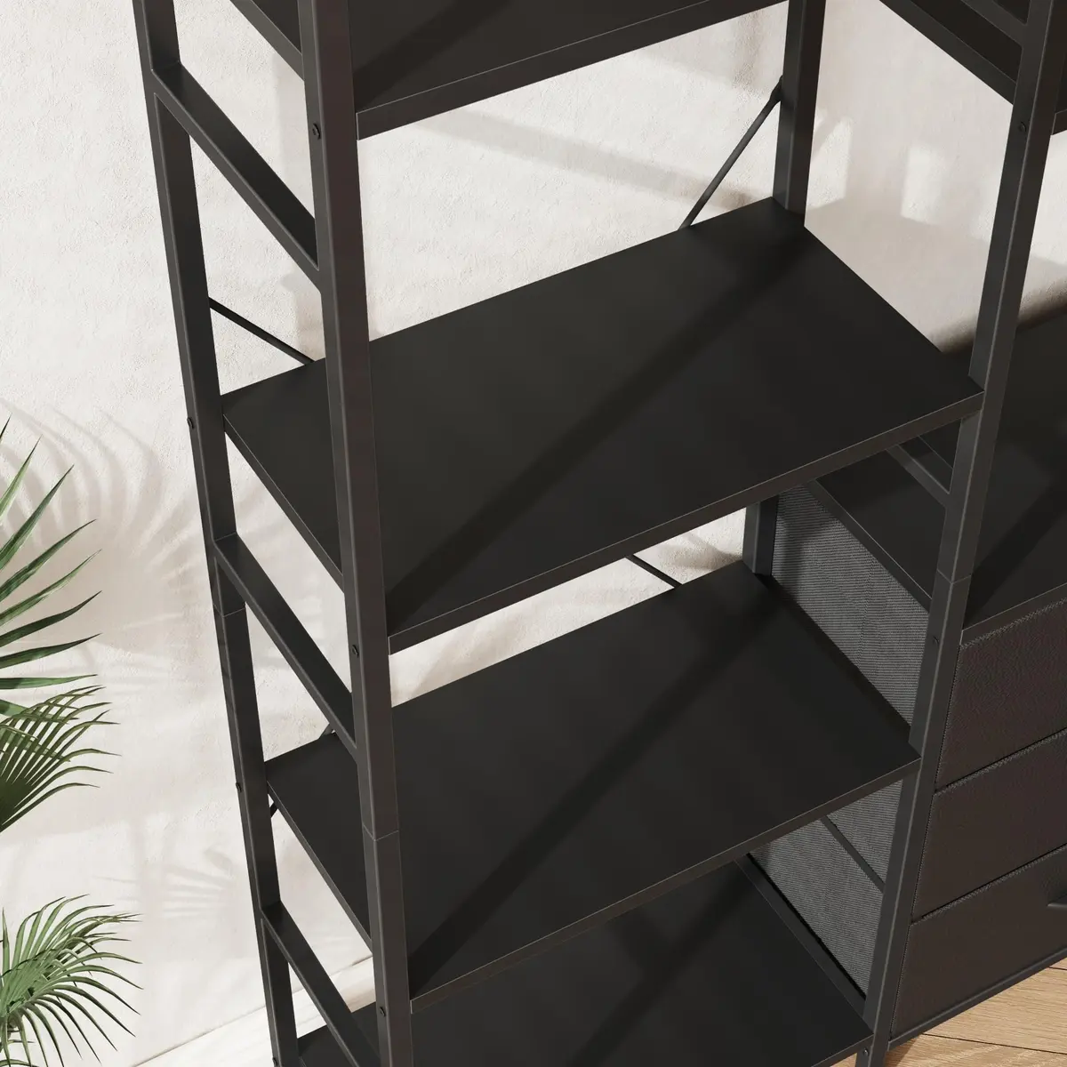 AFLUI Triple Bookshelf with 3 Fabric Drawers | 5-Tier Book Shelf & 10 Display Shelves, Black, 47'' Wide - view 6