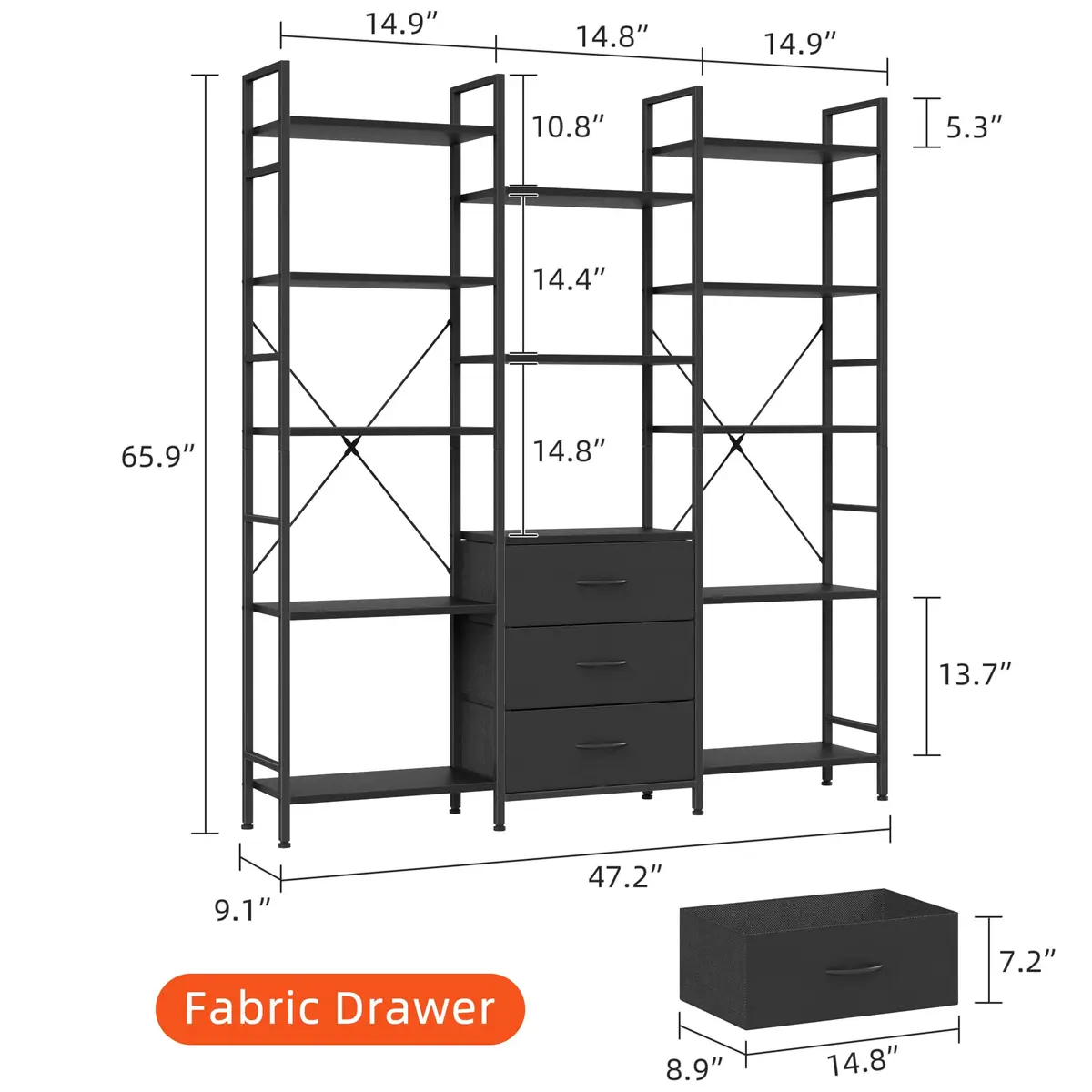AFLUI Triple Bookshelf with 3 Fabric Drawers | 5-Tier Book Shelf & 10 Display Shelves, Black, 47'' Wide - view 7