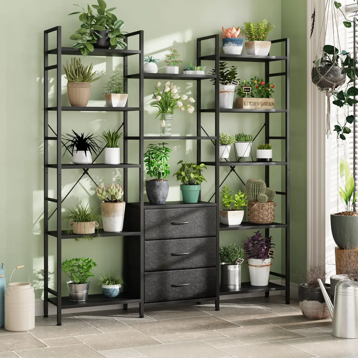 AFLUI Triple Bookshelf with 3 Fabric Drawers | 5-Tier Book Shelf & 10 Display Shelves, Black, 47'' Wide - view 8