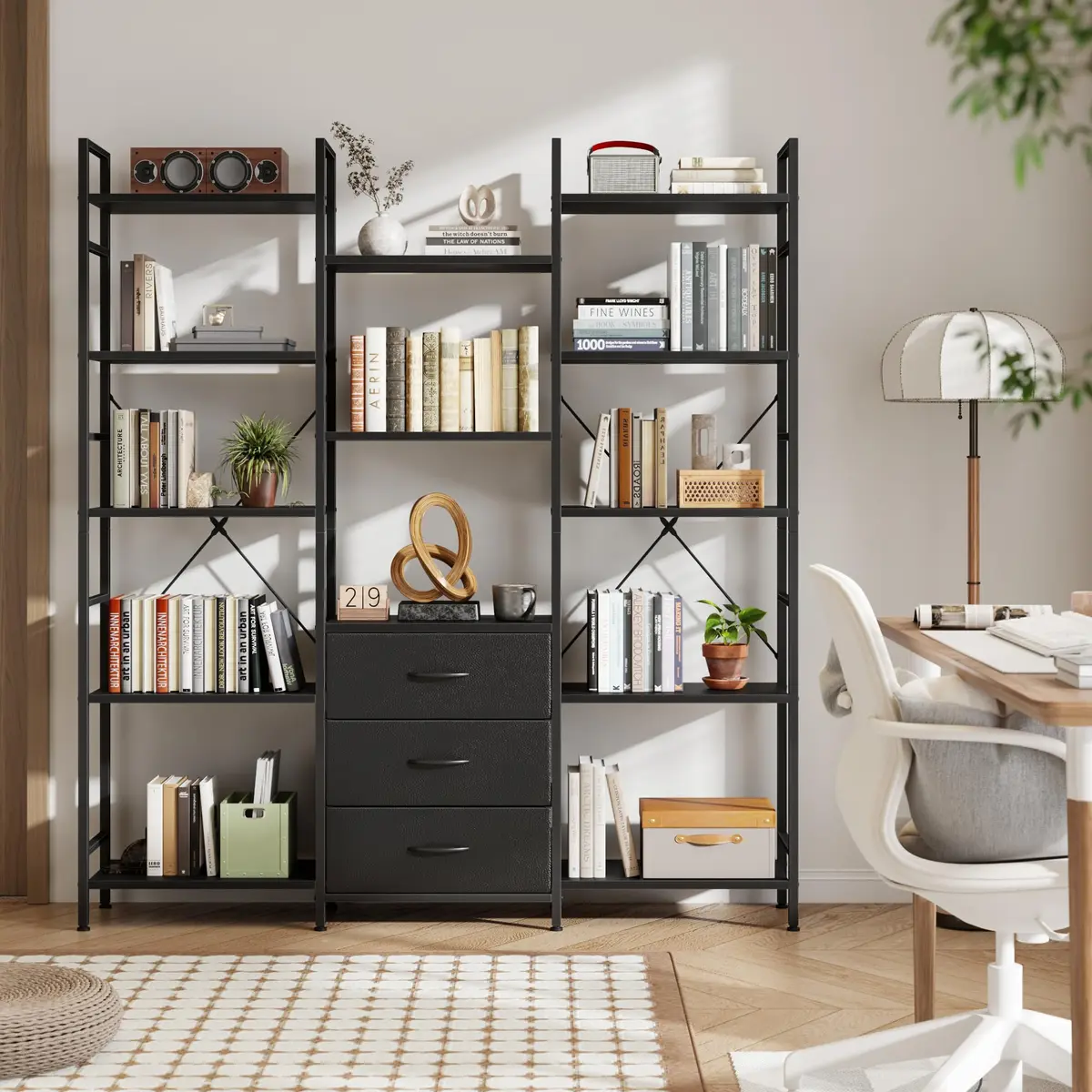 AFLUI Triple Bookshelf with 3 Fabric Drawers | 5-Tier Book Shelf & 10 Display Shelves, Black, 47'' Wide - view 9