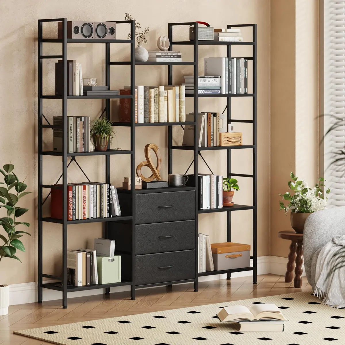 AFLUI Triple Bookshelf with 3 Fabric Drawers | 5-Tier Book Shelf & 10 Display Shelves, Black, 47'' Wide - view 2