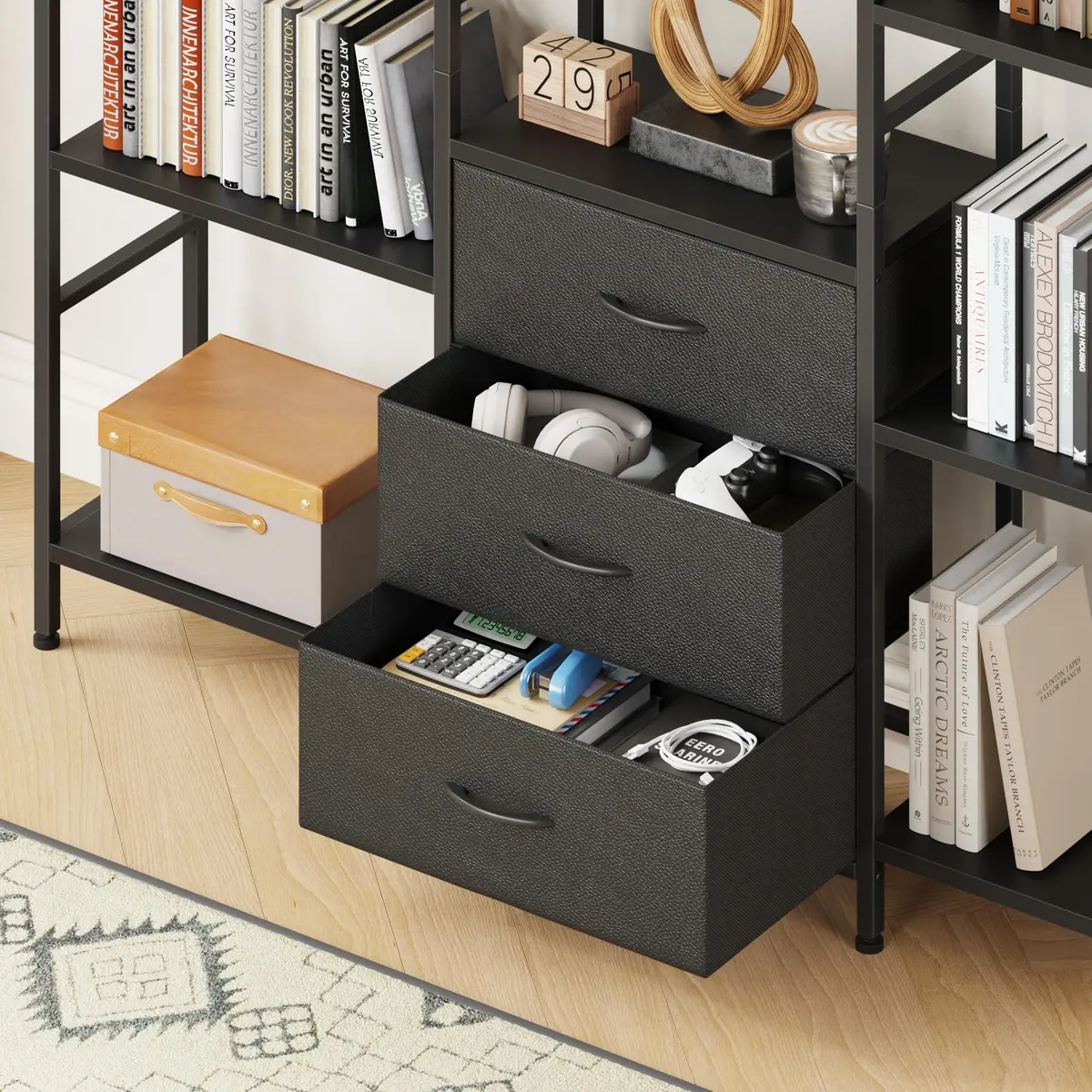 AFLUI Triple Bookshelf with 3 Fabric Drawers | 5-Tier Book Shelf & 10 Display Shelves, Black, 47'' Wide - view 3