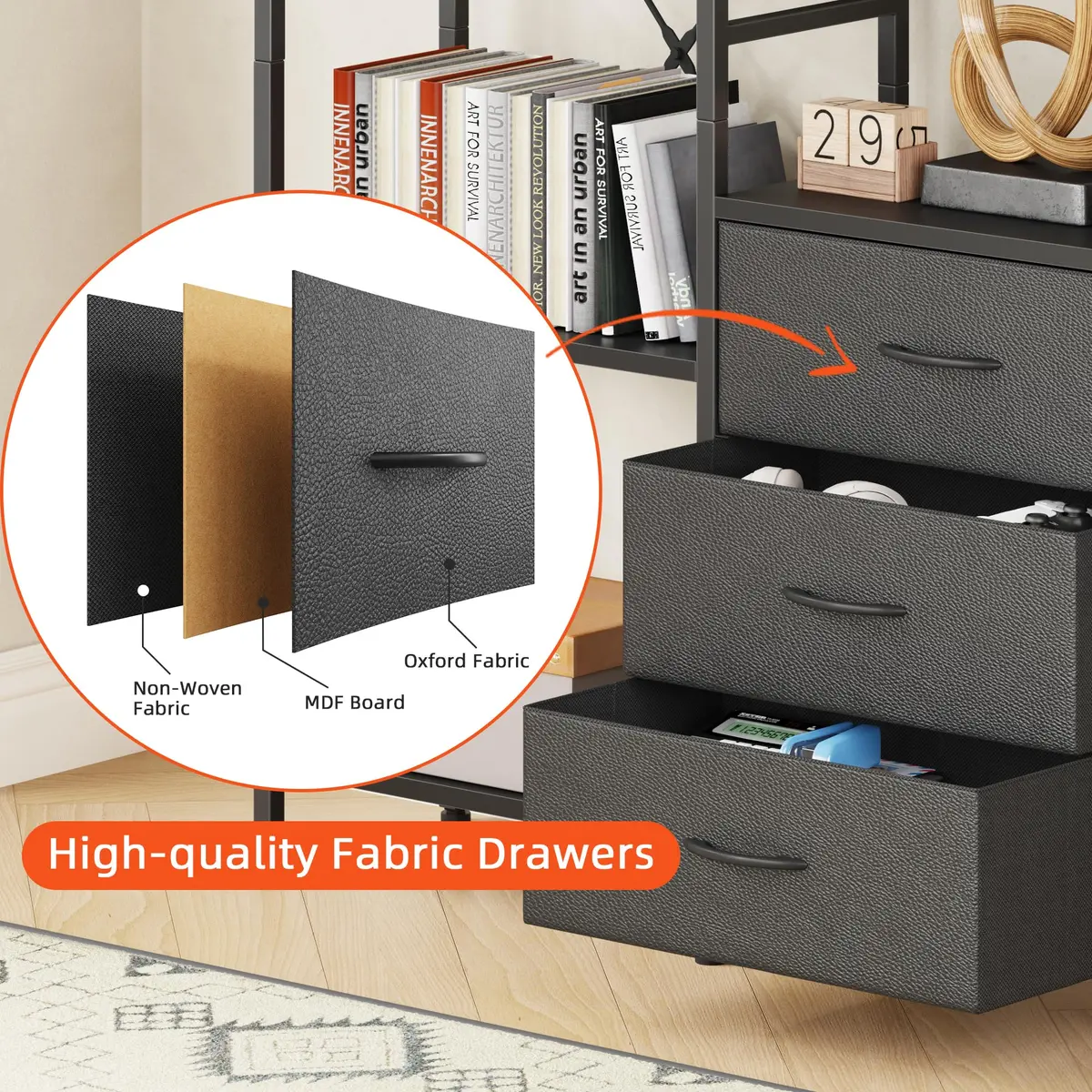 AFLUI Triple Bookshelf with 3 Fabric Drawers | 5-Tier Book Shelf & 10 Display Shelves, Black, 47'' Wide - view 4