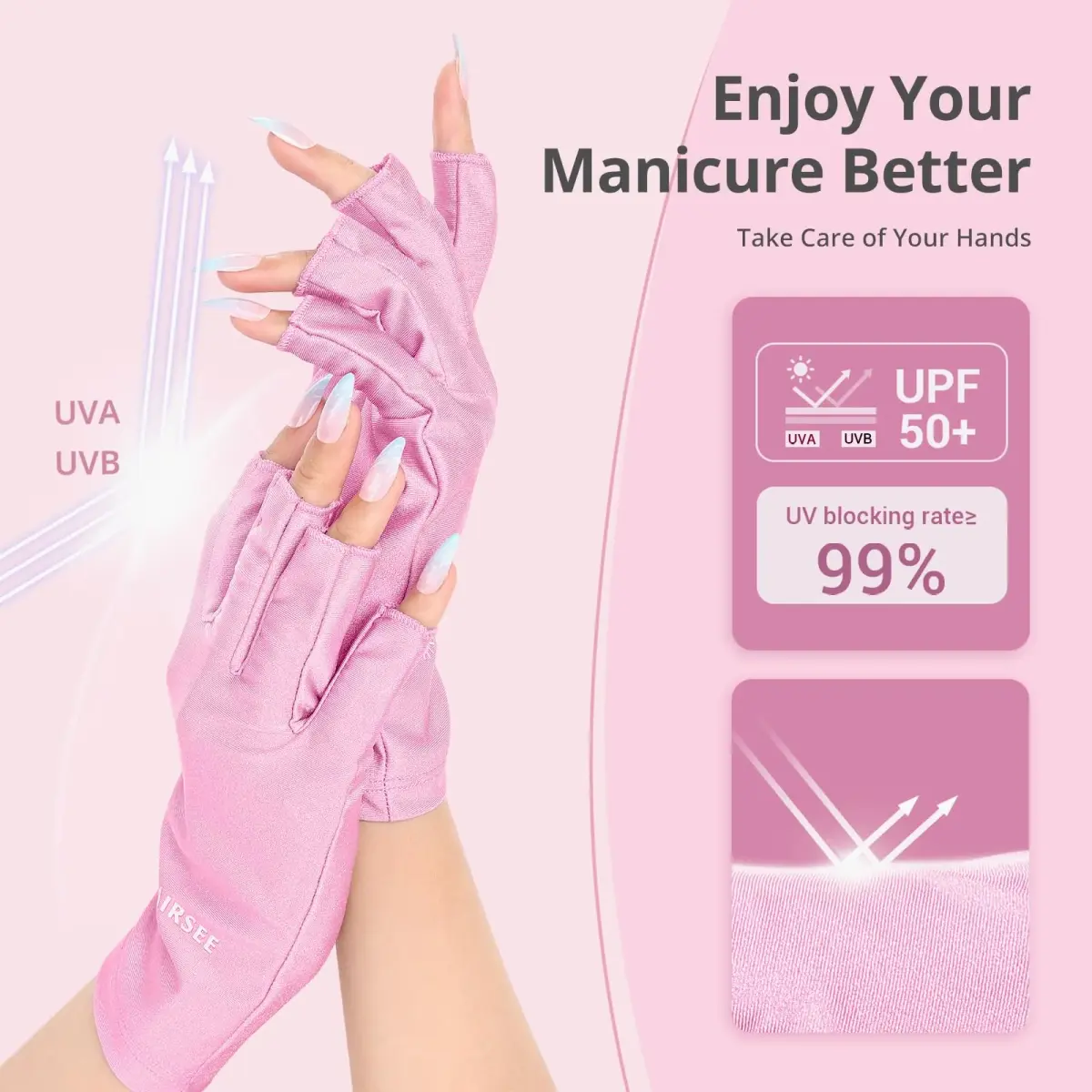 AIRSEE UV Protection Gloves for Nail Lamp, Fingerless, Light Pink | UPF50+ Shield - view 2