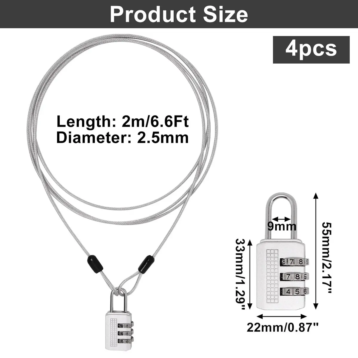 ZHMEINA Steel Cable Lock 6.6Ft Silver | Double Loop Security Cable for Bike & Luggage - view 2