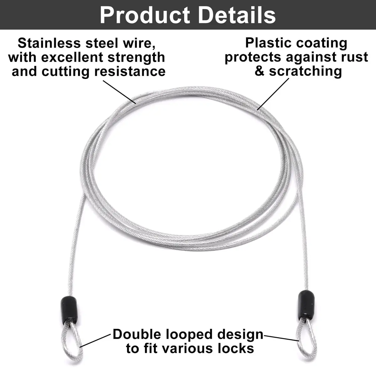 ZHMEINA Steel Cable Lock 6.6Ft Silver | Double Loop Security Cable for Bike & Luggage - view 3