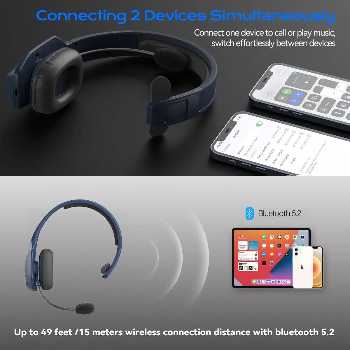 LEVN Bluetooth Headset with Microphone | 60 Hrs Battery, AI Noise Cancelling, On-Ear Wireless Headphones for Trucker & Office - view 4