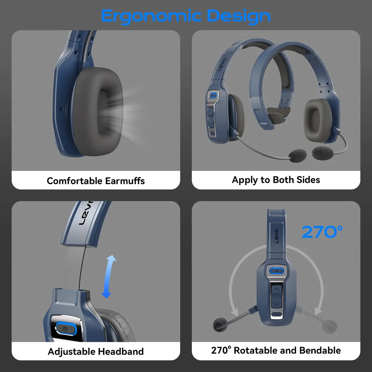 LEVN Bluetooth Headset with Microphone | 60 Hrs Battery, AI Noise Cancelling, On-Ear Wireless Headphones for Trucker & Office - view 5