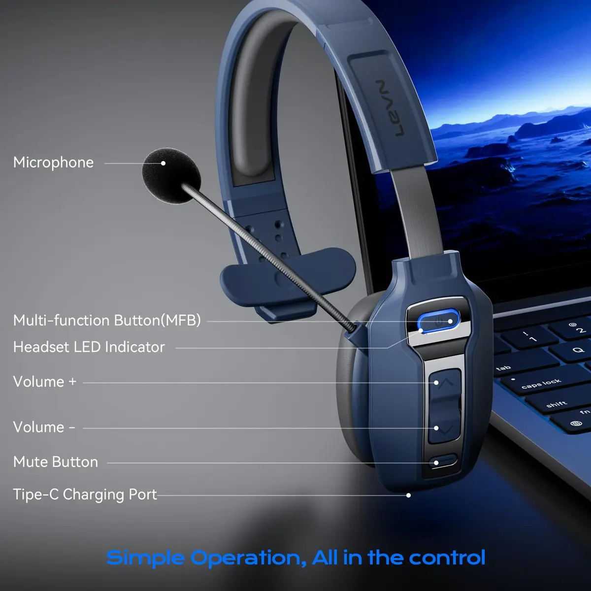 LEVN Bluetooth Headset with Microphone | 60 Hrs Battery, AI Noise Cancelling, On-Ear Wireless Headphones for Trucker & Office - view 6