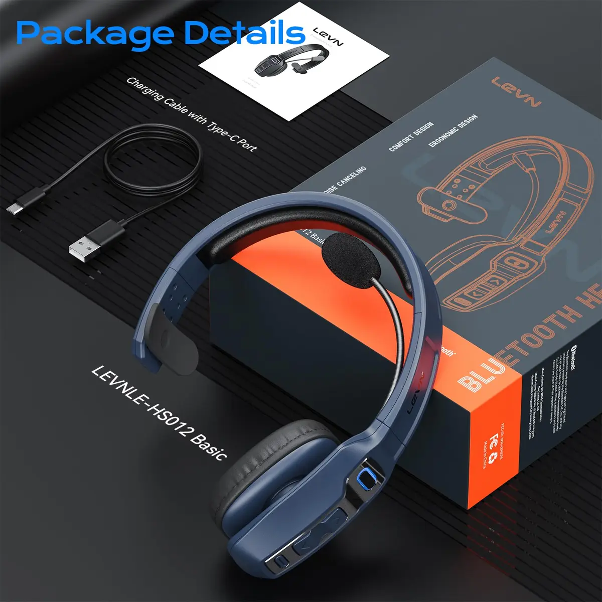 LEVN Bluetooth Headset with Microphone | 60 Hrs Battery, AI Noise Cancelling, On-Ear Wireless Headphones for Trucker & Office - view 7