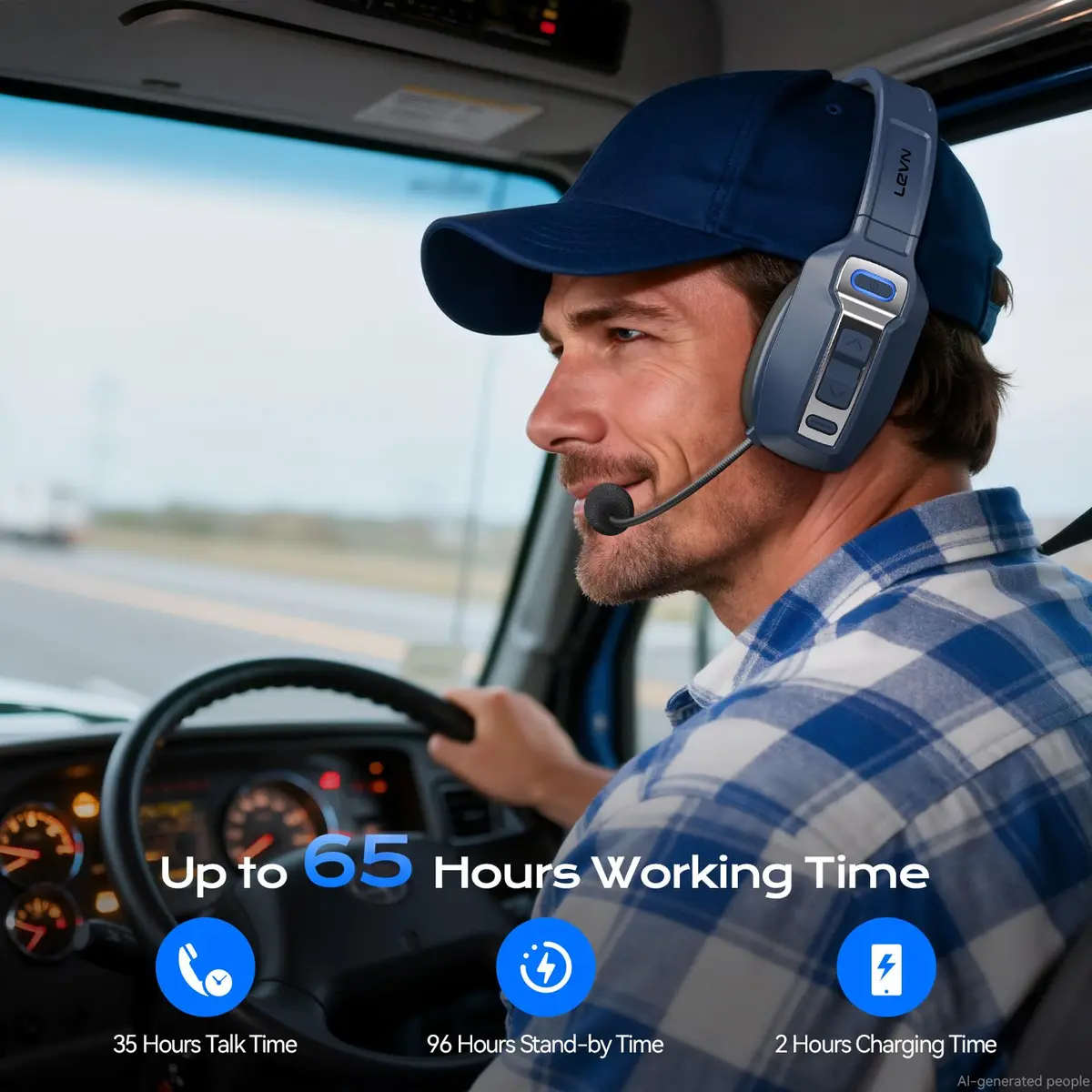 LEVN Bluetooth Headset with Microphone | 60 Hrs Battery, AI Noise Cancelling, On-Ear Wireless Headphones for Trucker & Office - view 3