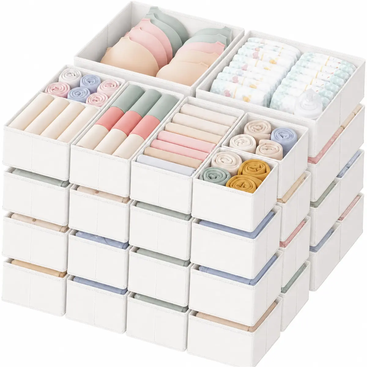 Criusia 24 Pack Drawer Organizer Bins for Baby Clothes, Underwear, Socks | 28cm (11") x 11cm (11") x 10cm (4") White - main product image