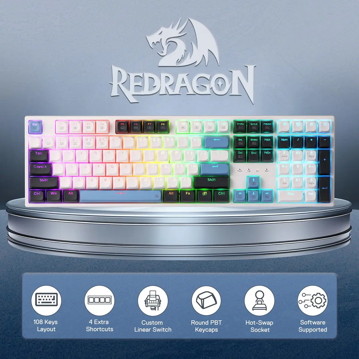 Redragon K668 Wired Gasket RGB Gaming Keyboard 108-Key Hot-Swap | Glacier Azure - view 2