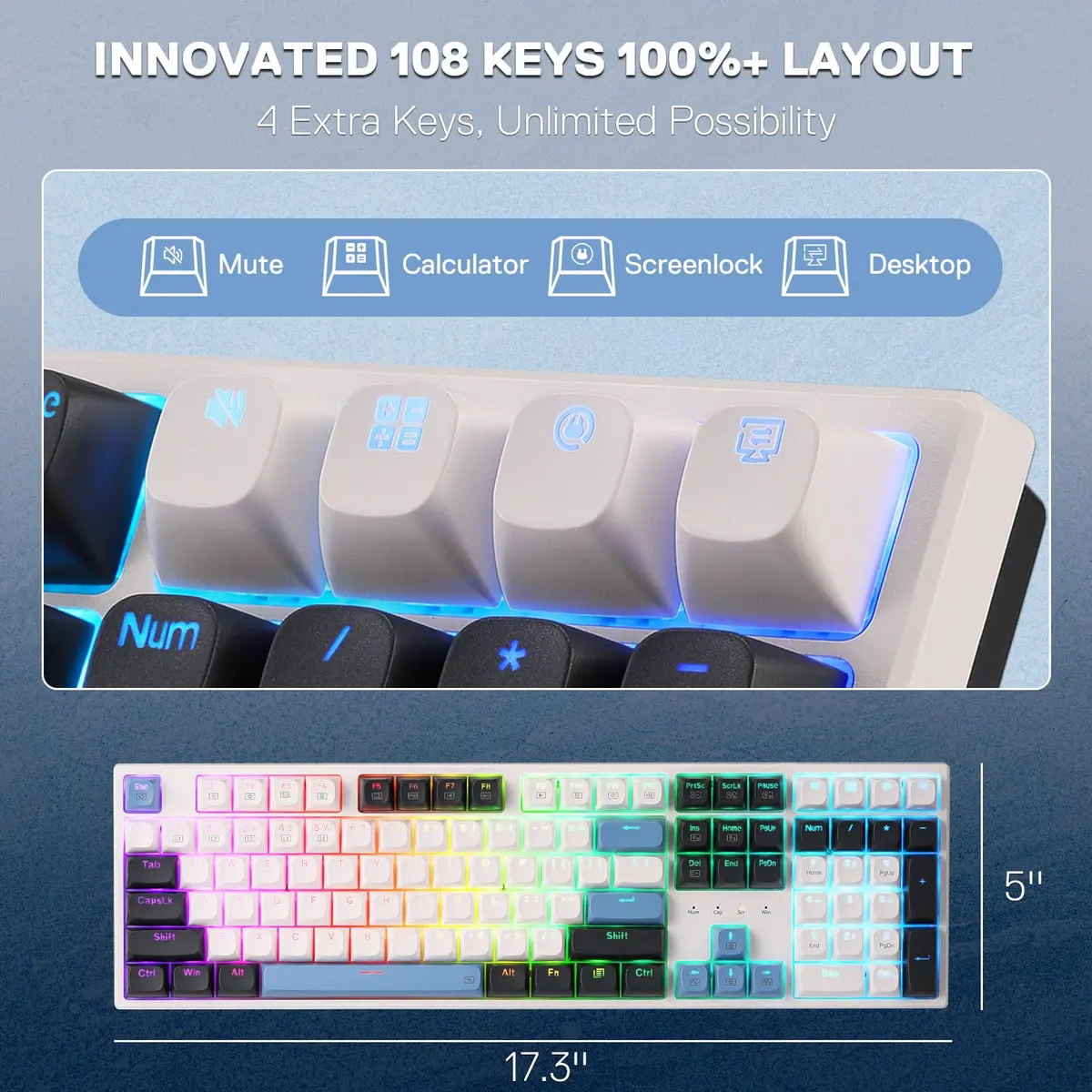 Redragon K668 Wired Gasket RGB Gaming Keyboard 108-Key Hot-Swap | Glacier Azure - view 3