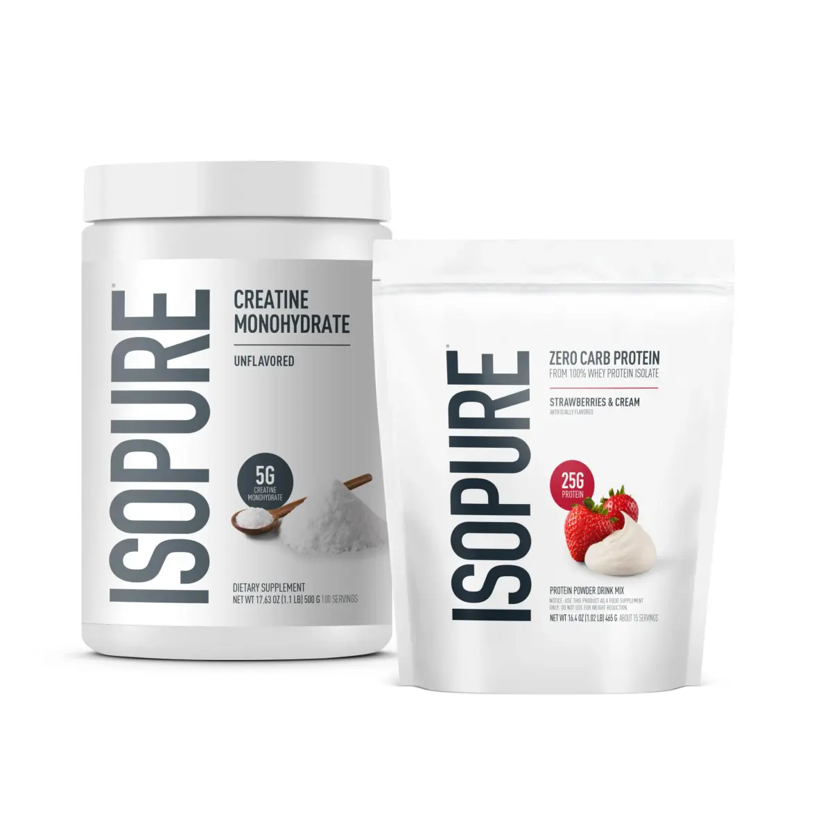 Isopure Zero Carb Whey Protein Isolate Strawberries & Cream (454g (1 Lb), 15 Servings) + Creatine Monohydrate (1.1 Lb, 100 Servings) | High Protein, Zero Carb, USA Import - main product image