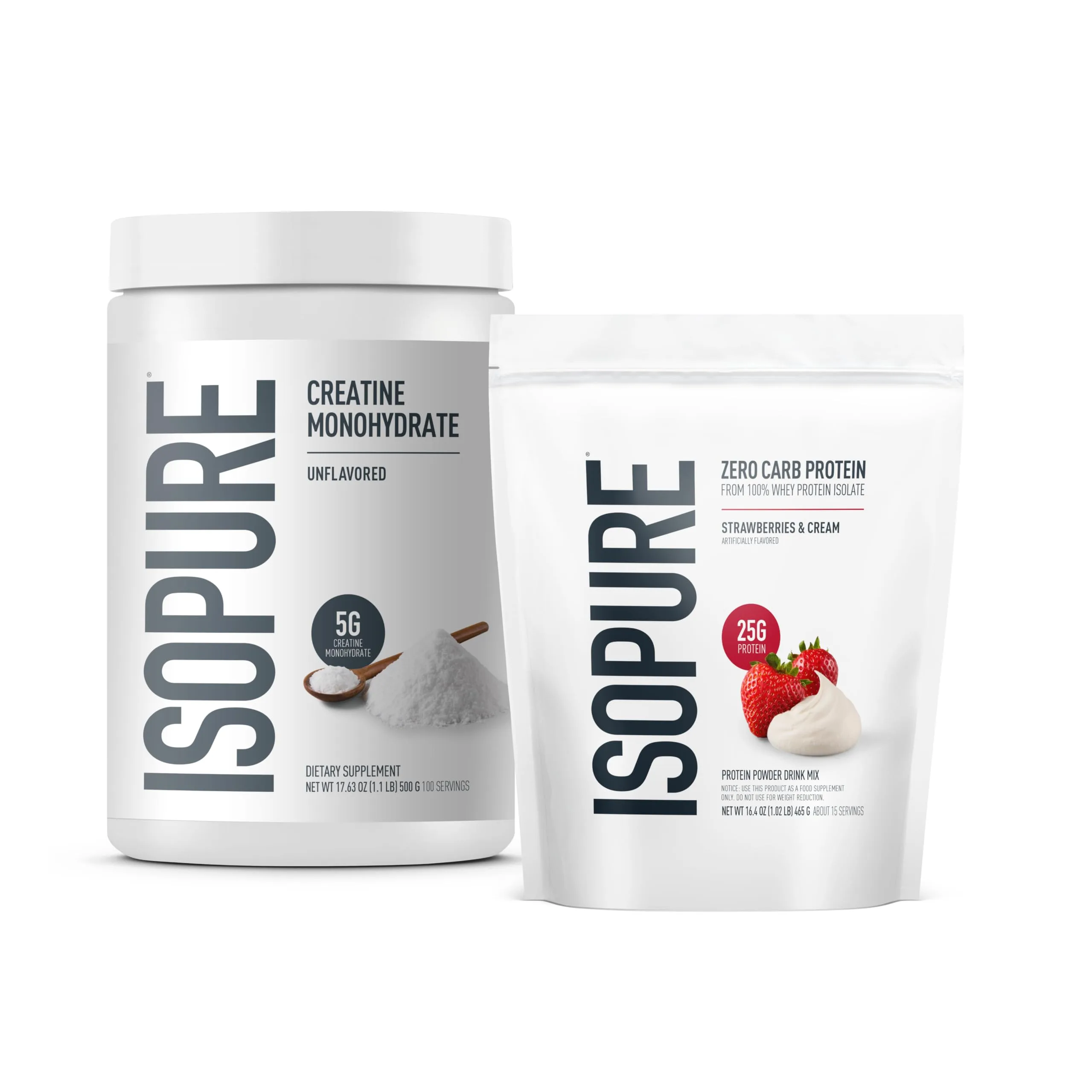 Isopure Zero Carb Whey Protein Isolate Strawberries & Cream (1 Lb, 15 Servings) + Creatine Monohydrate (1.1 Lb, 100 Servings) | High Protein, Zero Carb, USA Import - main product image