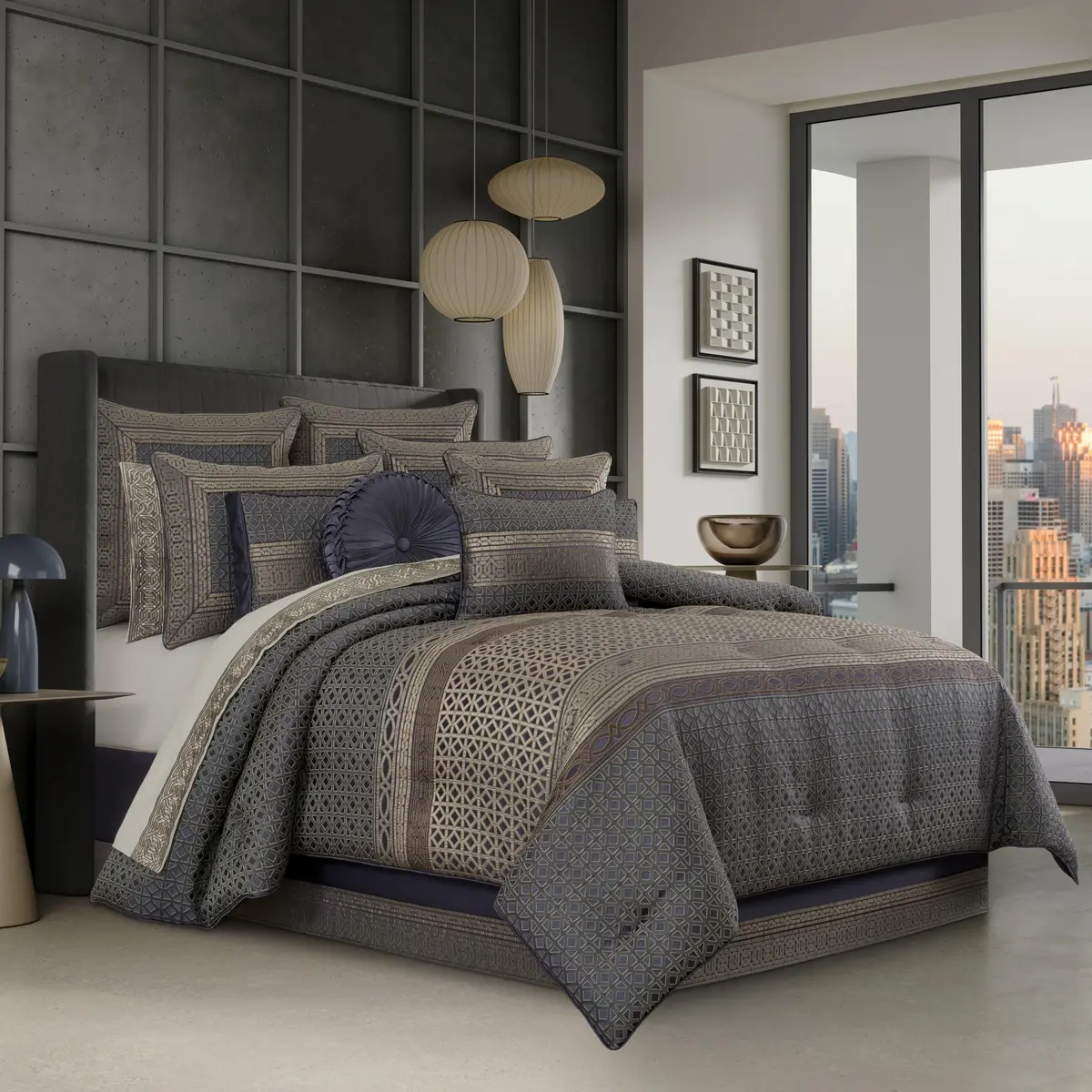 J. Queen New York Avelyn Slate Queen Comforter Set 4 Pieces | Luxurious Geometric Design - main product image