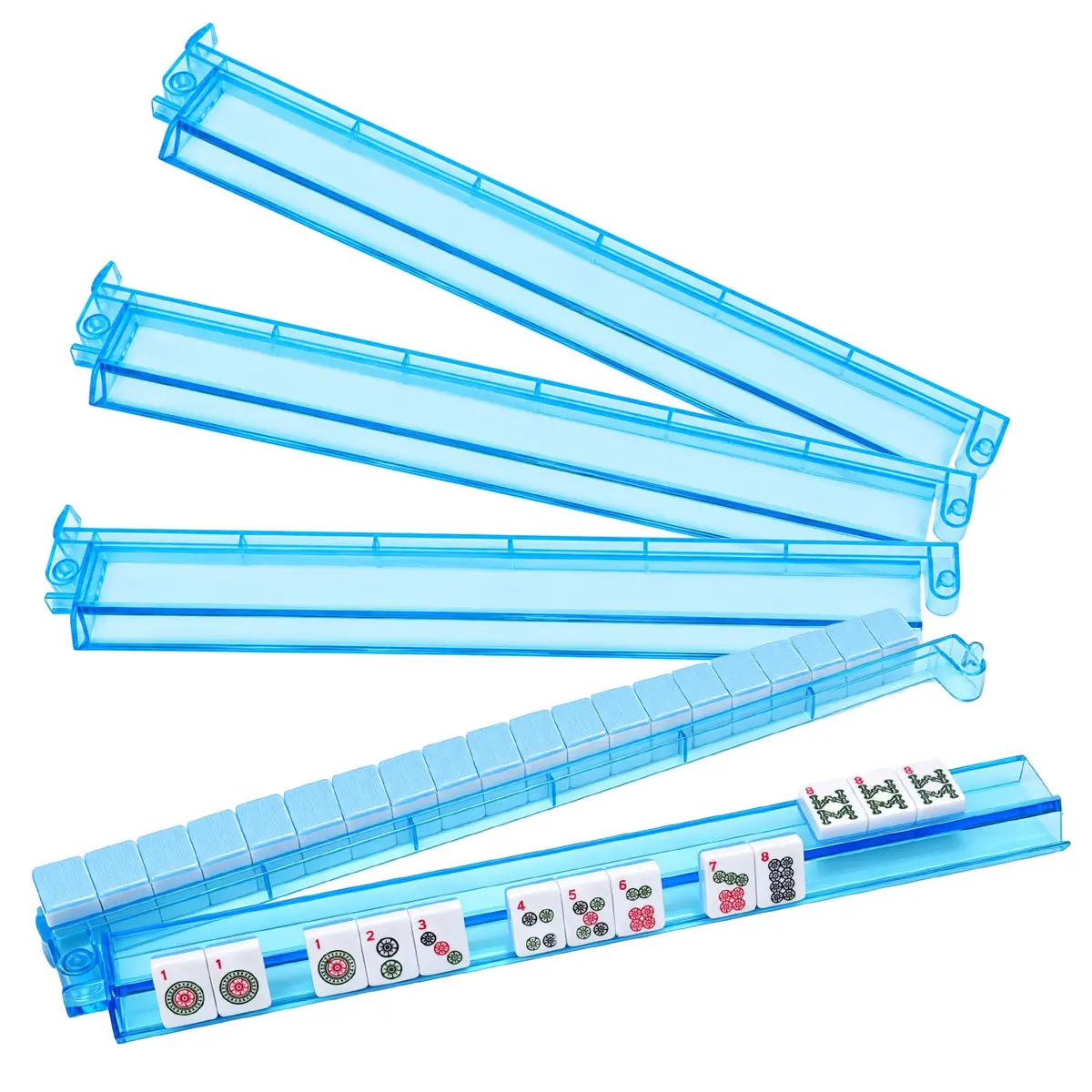CAYOULR Blue Mahjong Racks with Pushers Set of 4 Clear Acrylic Holders | ASTM-Tested for Kids 3-6 - main product image