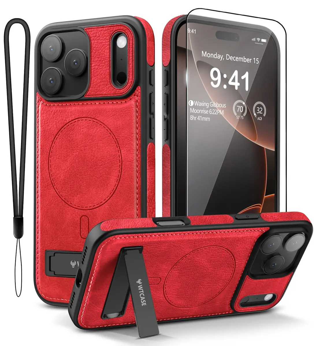 WTCASE Magnetic for iPhone 17 Pro Leather Case | Slim Protective Leather Cover with Built-in Kickstand, MagSafe Compatible, Red - main product image