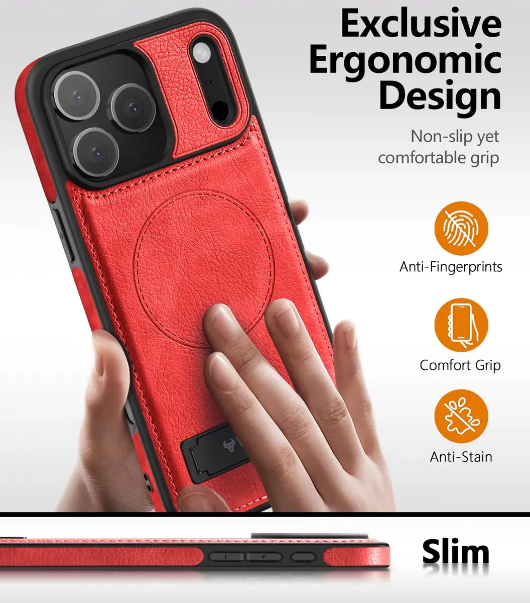 WTCASE Magnetic for iPhone 17 Pro Leather Case | Slim Protective Leather Cover with Built-in Kickstand, MagSafe Compatible, Red - view 5