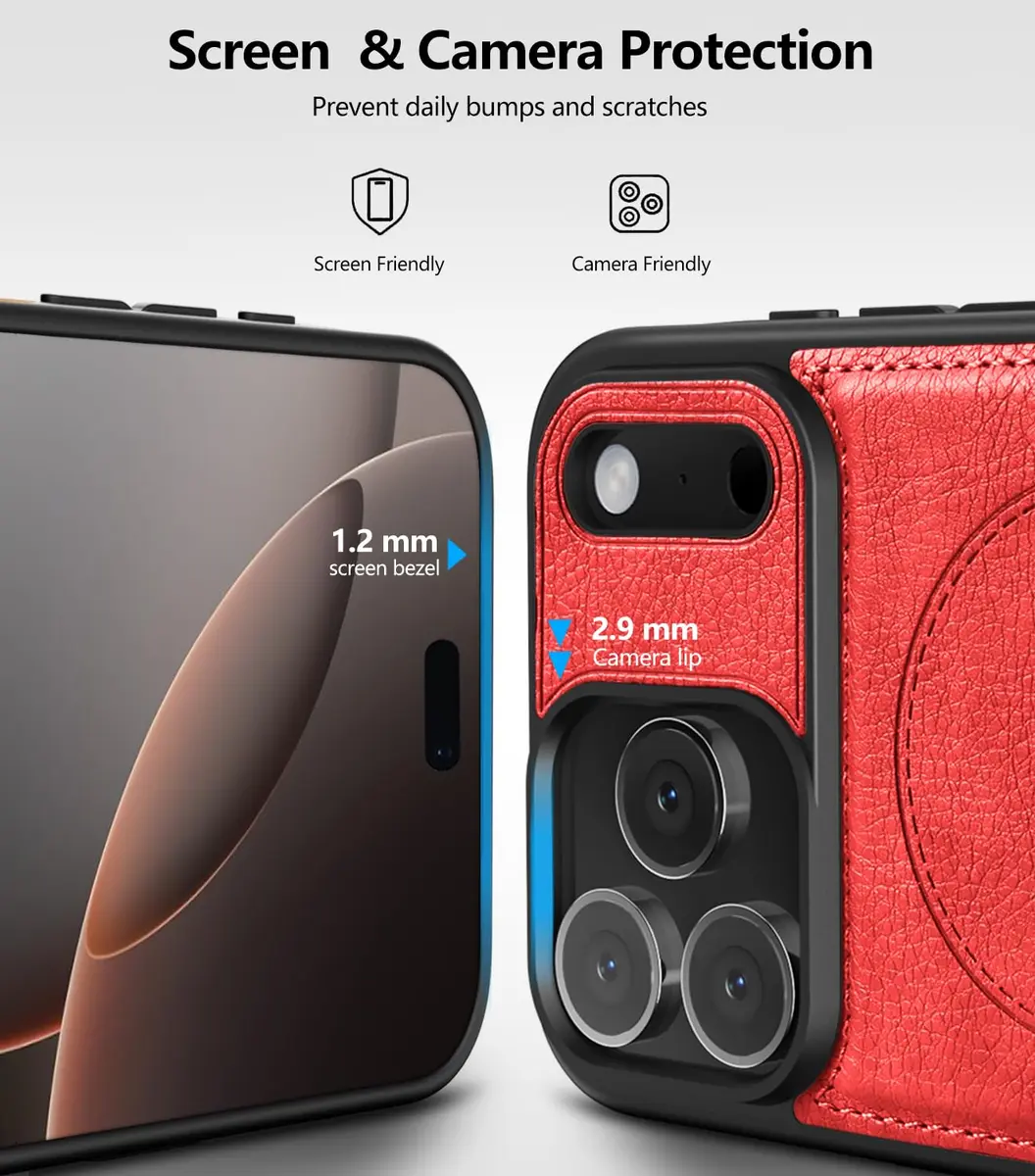 WTCASE Magnetic for iPhone 17 Pro Leather Case | Slim Protective Leather Cover with Built-in Kickstand, MagSafe Compatible, Red - view 6
