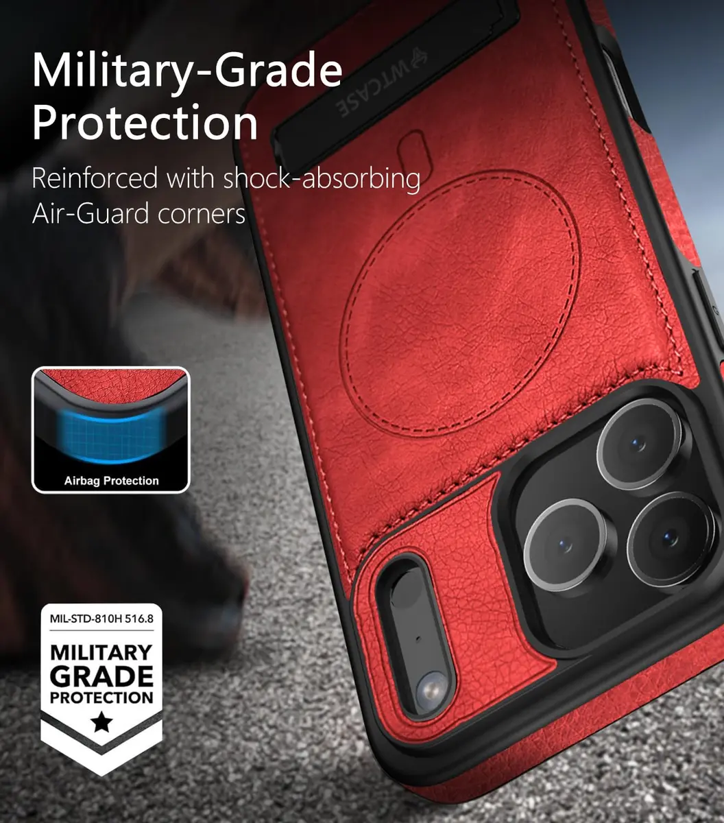 WTCASE Magnetic for iPhone 17 Pro Leather Case | Slim Protective Leather Cover with Built-in Kickstand, MagSafe Compatible, Red - view 7