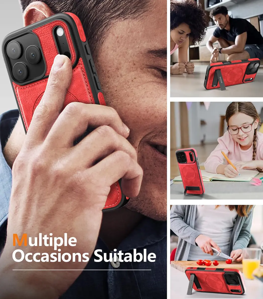 WTCASE Magnetic for iPhone 17 Pro Leather Case | Slim Protective Leather Cover with Built-in Kickstand, MagSafe Compatible, Red - view 8