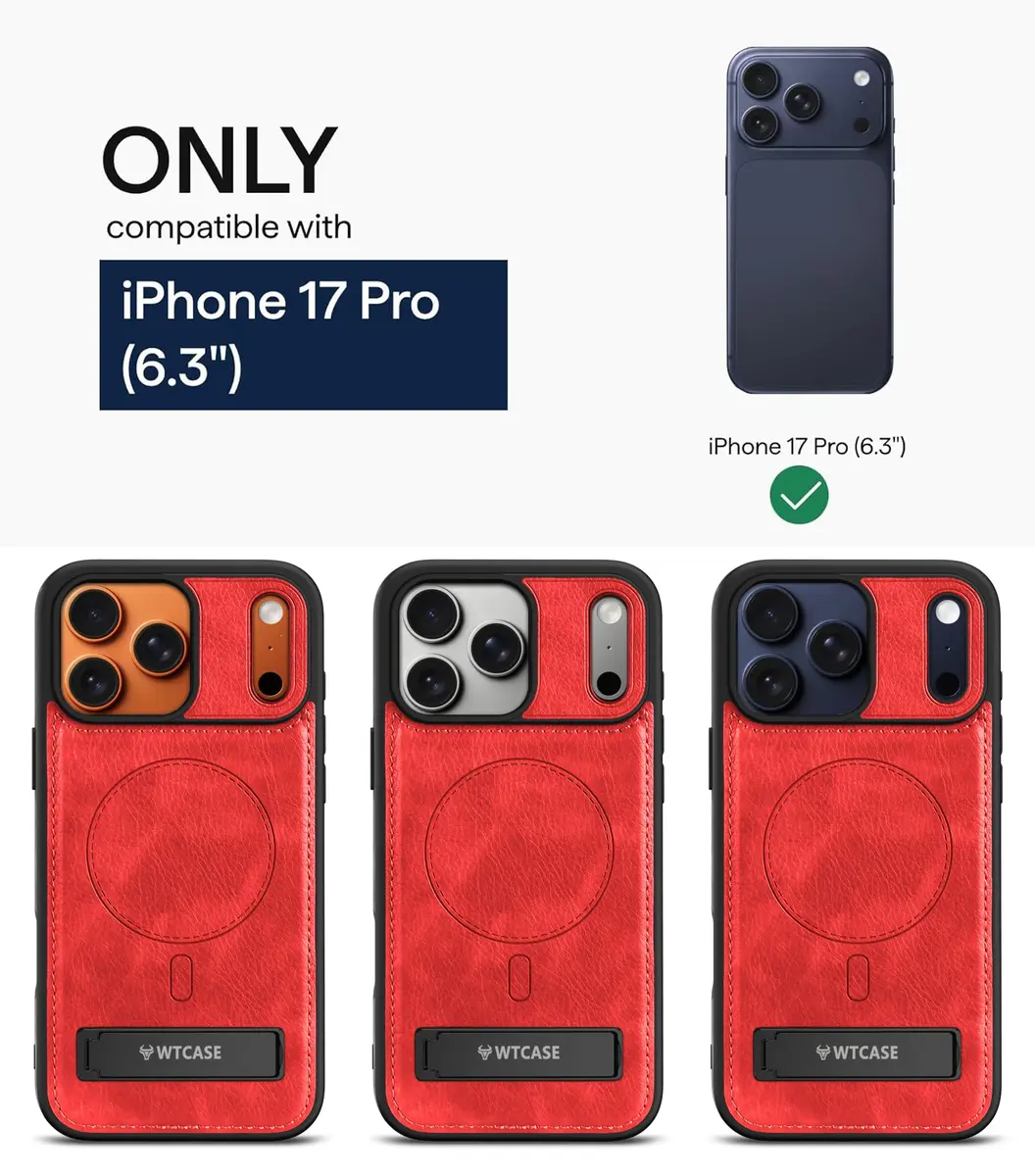WTCASE Magnetic for iPhone 17 Pro Leather Case | Slim Protective Leather Cover with Built-in Kickstand, MagSafe Compatible, Red - view 2