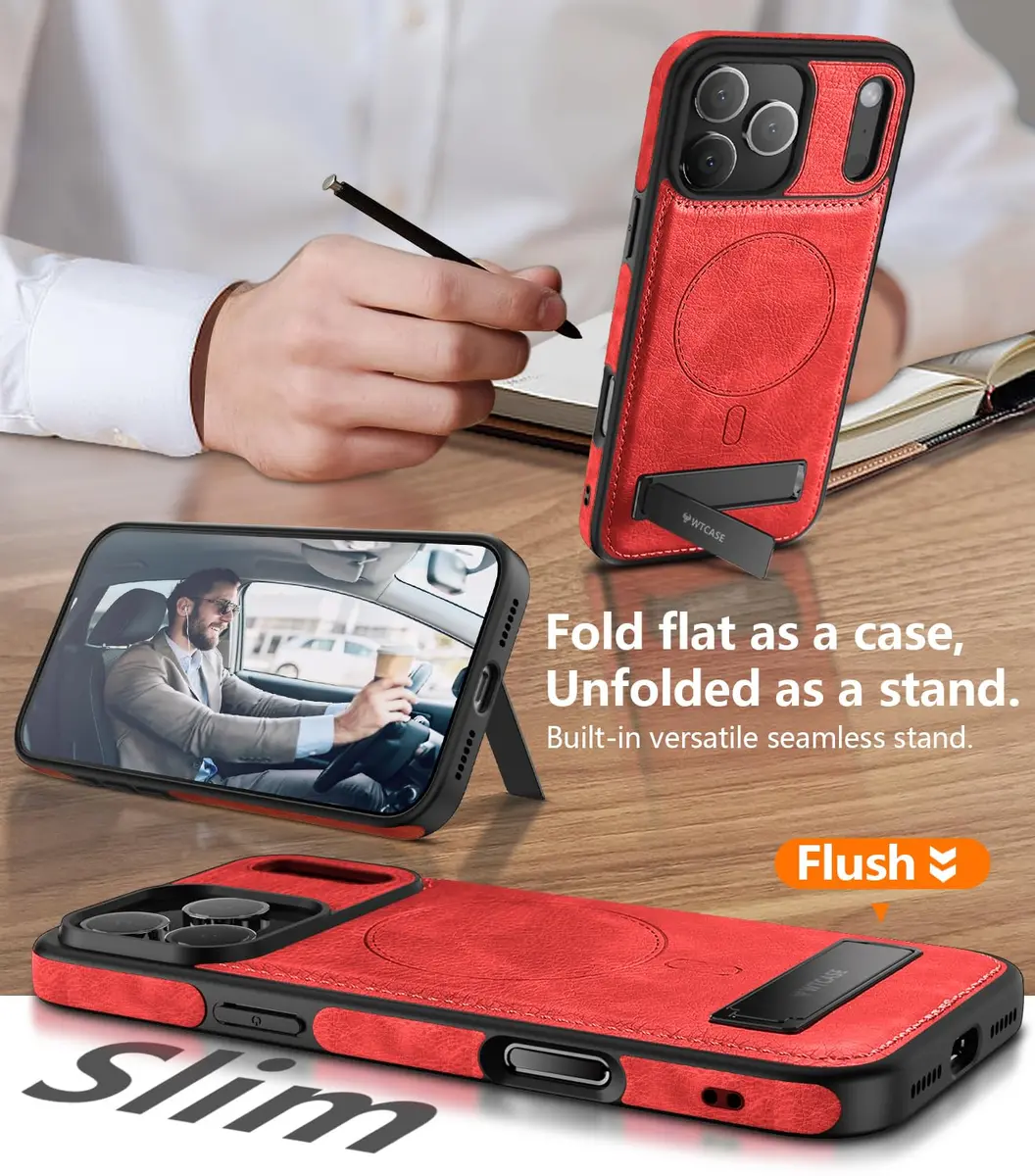 WTCASE Magnetic for iPhone 17 Pro Leather Case | Slim Protective Leather Cover with Built-in Kickstand, MagSafe Compatible, Red - view 3