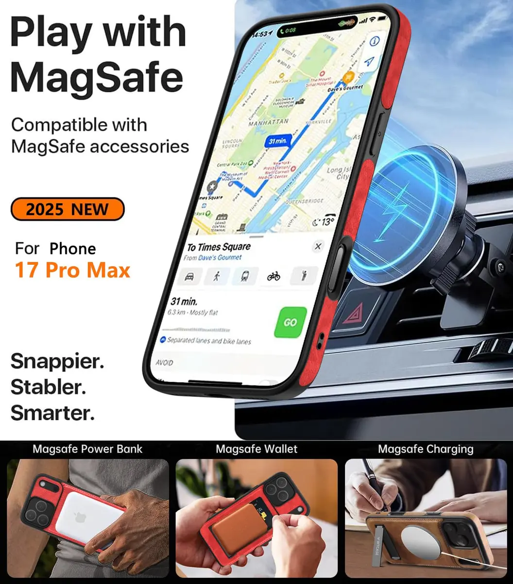WTCASE Magnetic for iPhone 17 Pro Leather Case | Slim Protective Leather Cover with Built-in Kickstand, MagSafe Compatible, Red - view 4