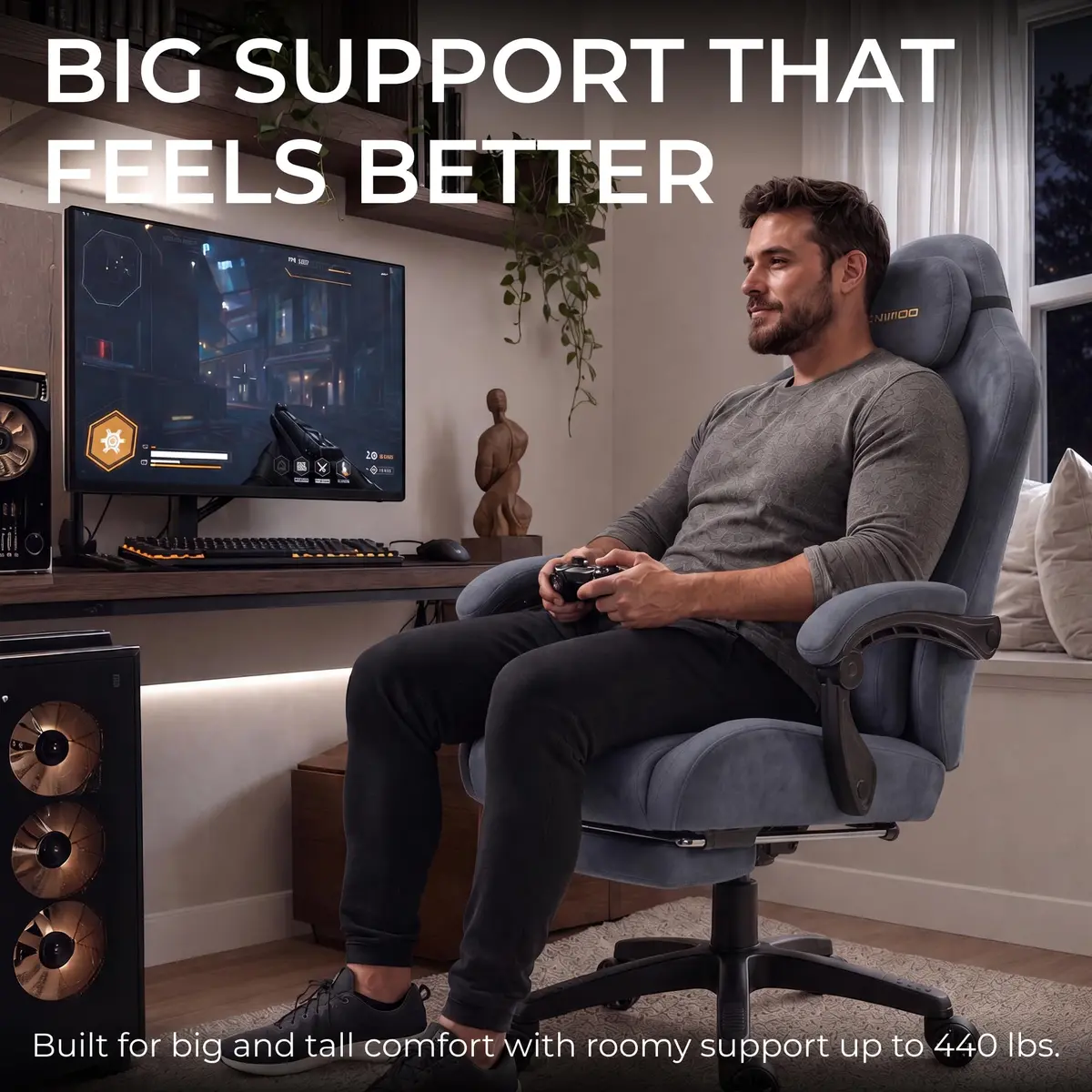 Dowinx Big and Tall Gaming Chair, Suede Fabric with Pocket Spring Cushion, 440LBS | Ergonomic with Footrest for Adults - view 4