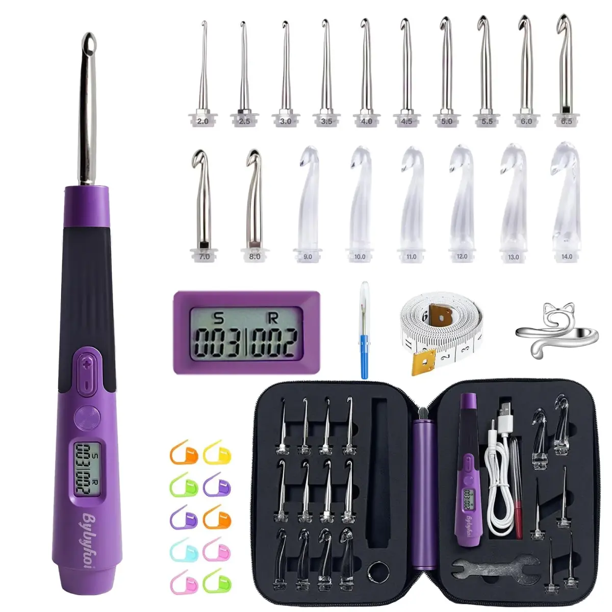 Bybykoi Lighted Crochet Hooks Set 2.0mm-14.0mm (18 Sizes) | Rechargeable with Counter & 2 Brightness Modes - main product image