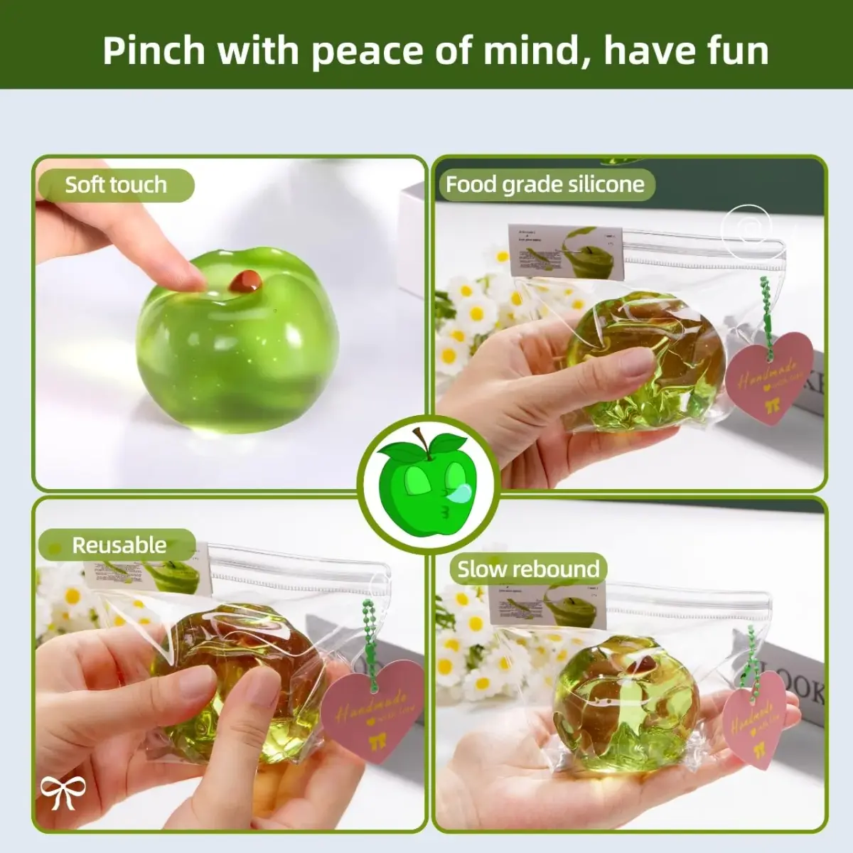 QCROAD SQUISHY Clear Apple Taba Squishy Toy 13.3cm (5.4in) | Non-Toxic Silicone Stress Fidget Toy - view 3