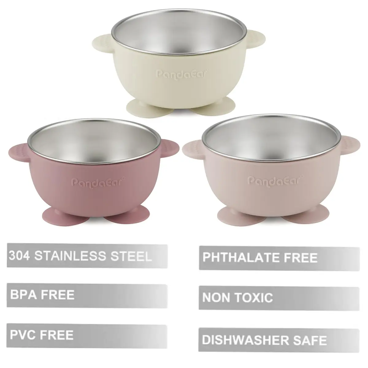 PandaEar Stainless Steel Baby Suction Bowls 3 Pack | Non-Slip, Unbreakable & Mess-Free (Pink) - view 3