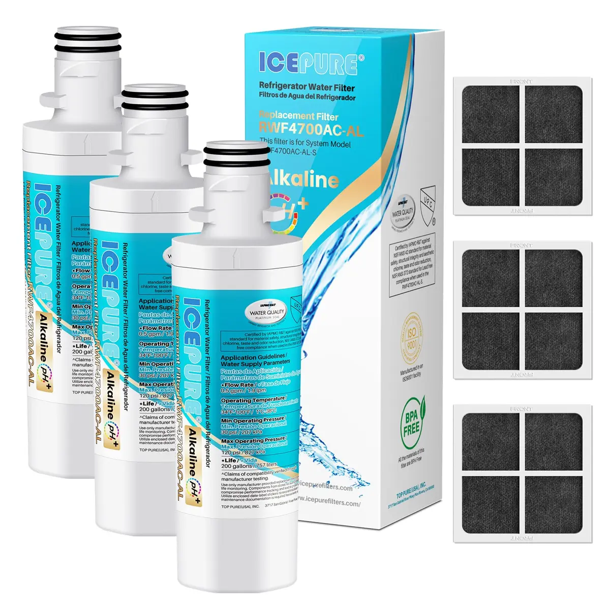 ICEPURE Alkaline LT1000PC Refrigerator Water Filter & Air Filter 3-Pack | Balances pH, Filters 200 Gallons - main product image