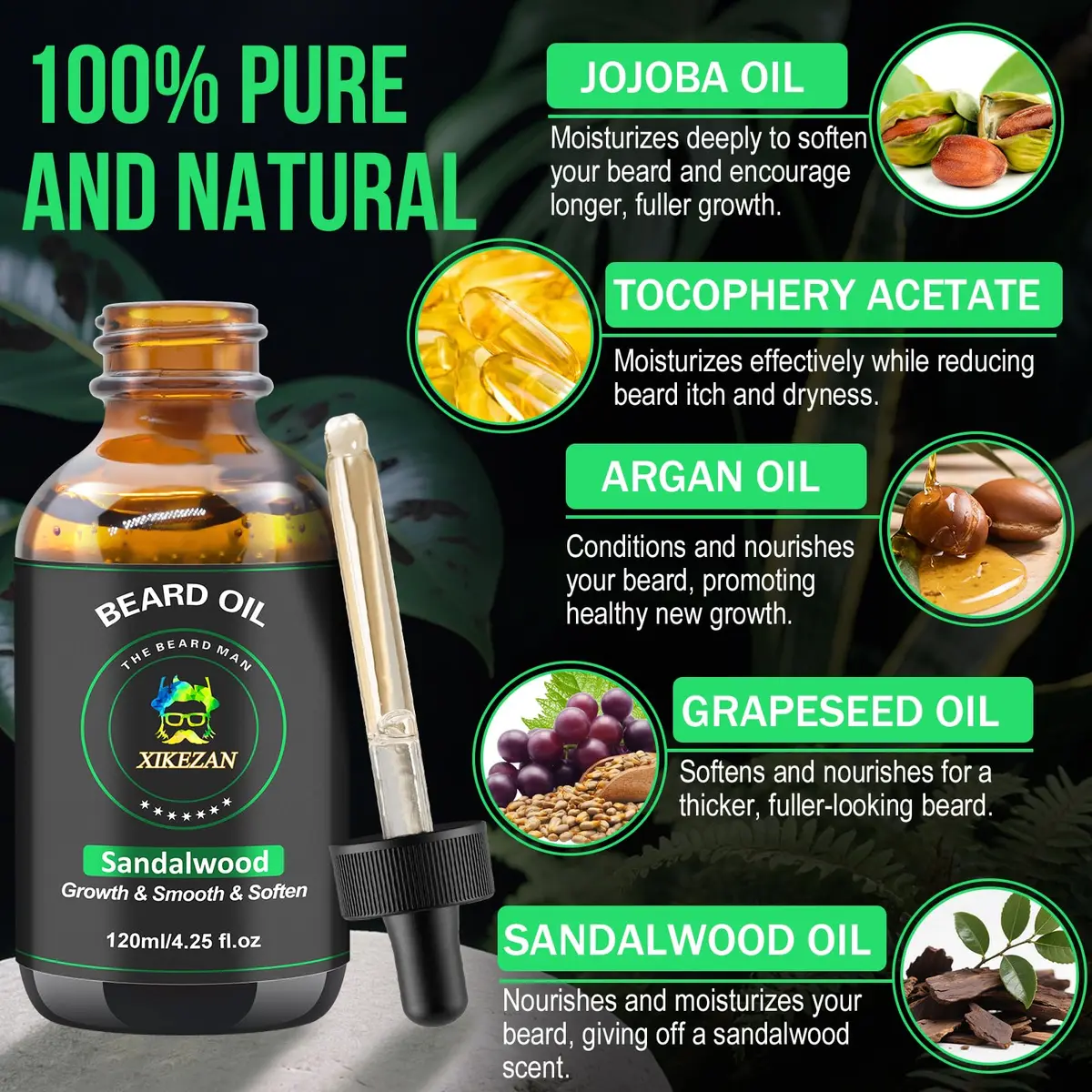 XIKEZAN Sandalwood Beard Oil 120ml (4.25 Fl Oz) | Natural Beard Growth Oil for Men - view 3