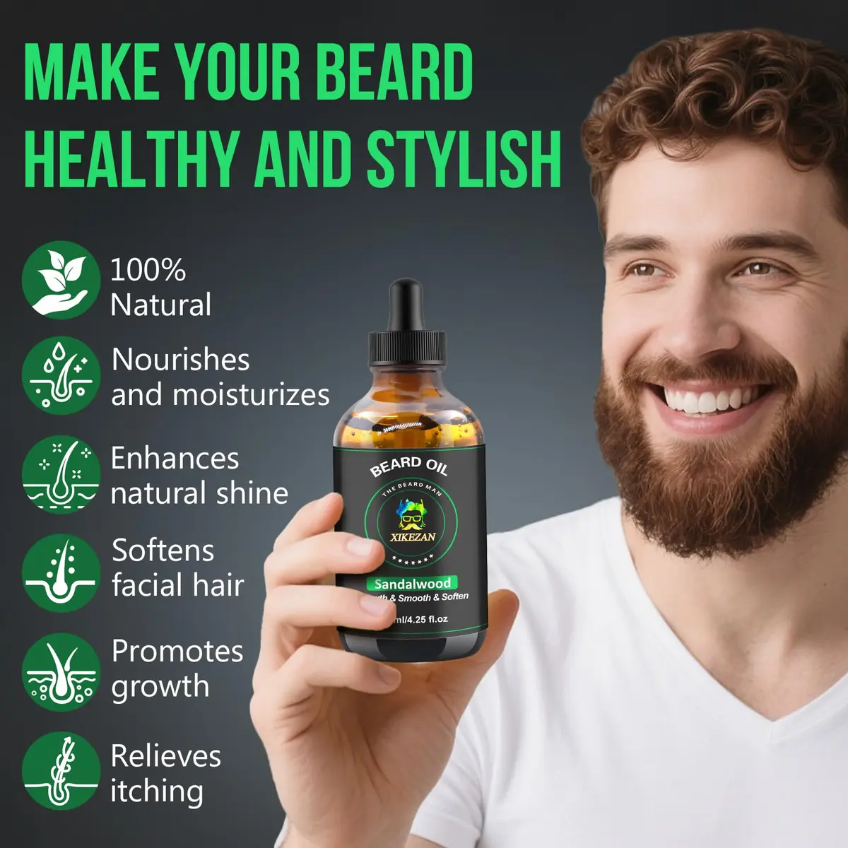 XIKEZAN Sandalwood Beard Oil 120ml (4.25 Fl Oz) | Natural Beard Growth Oil for Men - view 4