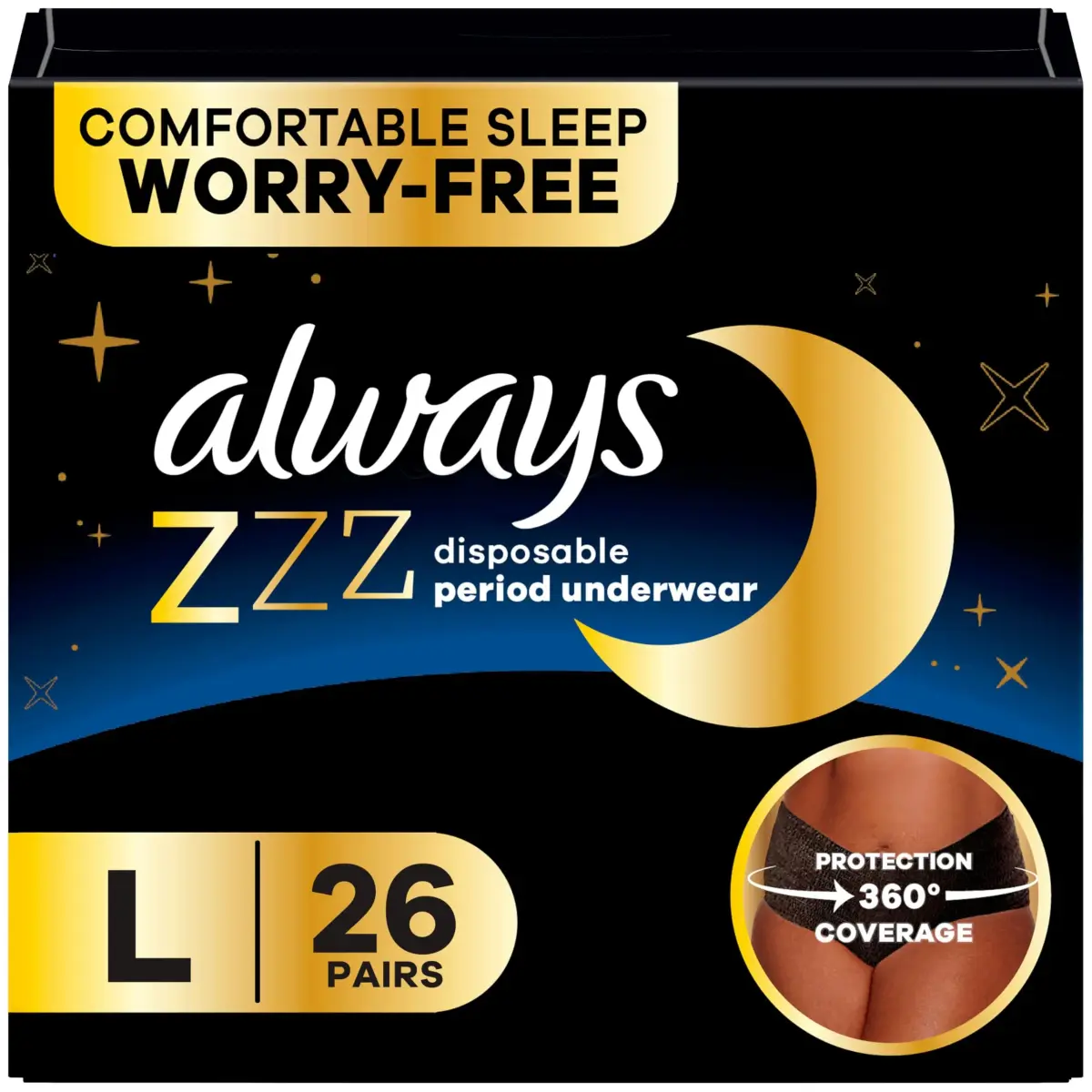 Always ZZZs Disposable Period Underwear Size L | 5X Overnight Pad Absorbency | Worry-Free Nights 26 Count - main product image
