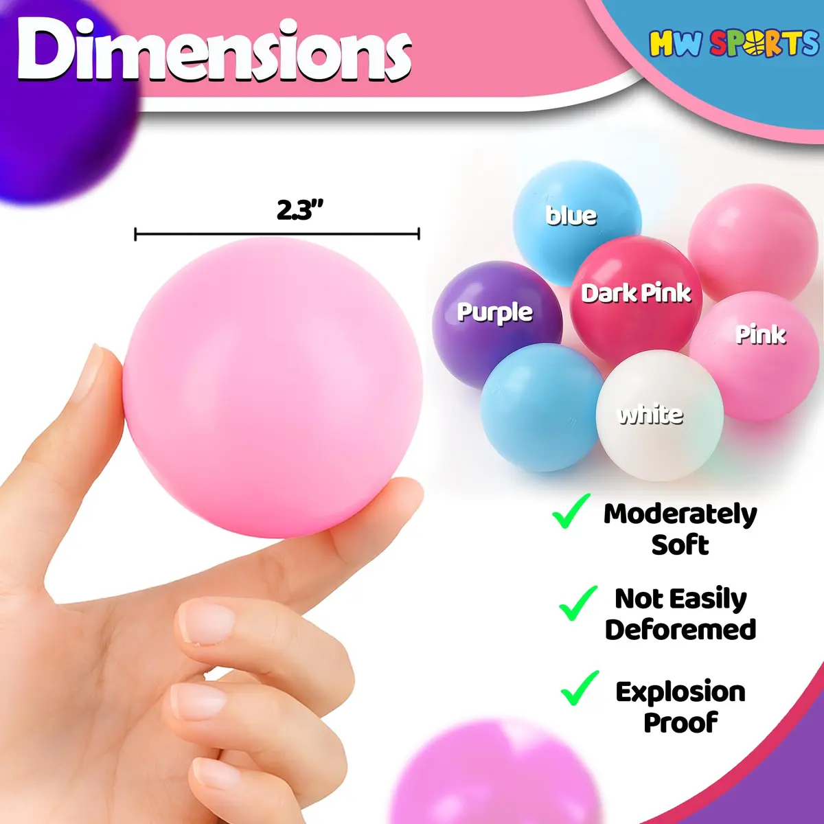 MW SPORTS Play Balls for Ball Pit | Crush Proof Plastic, BPA & Phthalate Free, Pastel Colors, 100 Balls - view 3