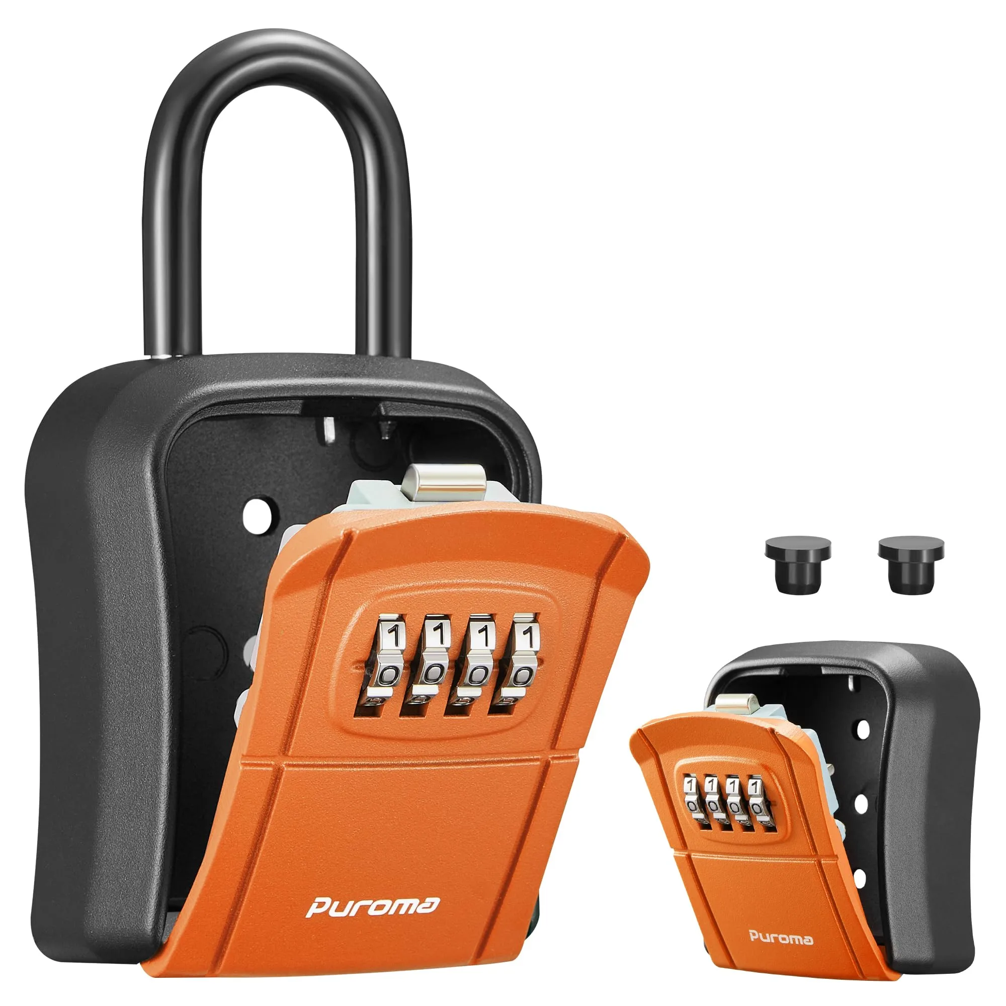 Puroma Portable Key Lock Box with Shackle & Wall Mount, Resettable 4-Digit Code Safe Security Lockbox for House Keys (1 Pack, Orange) - main product image