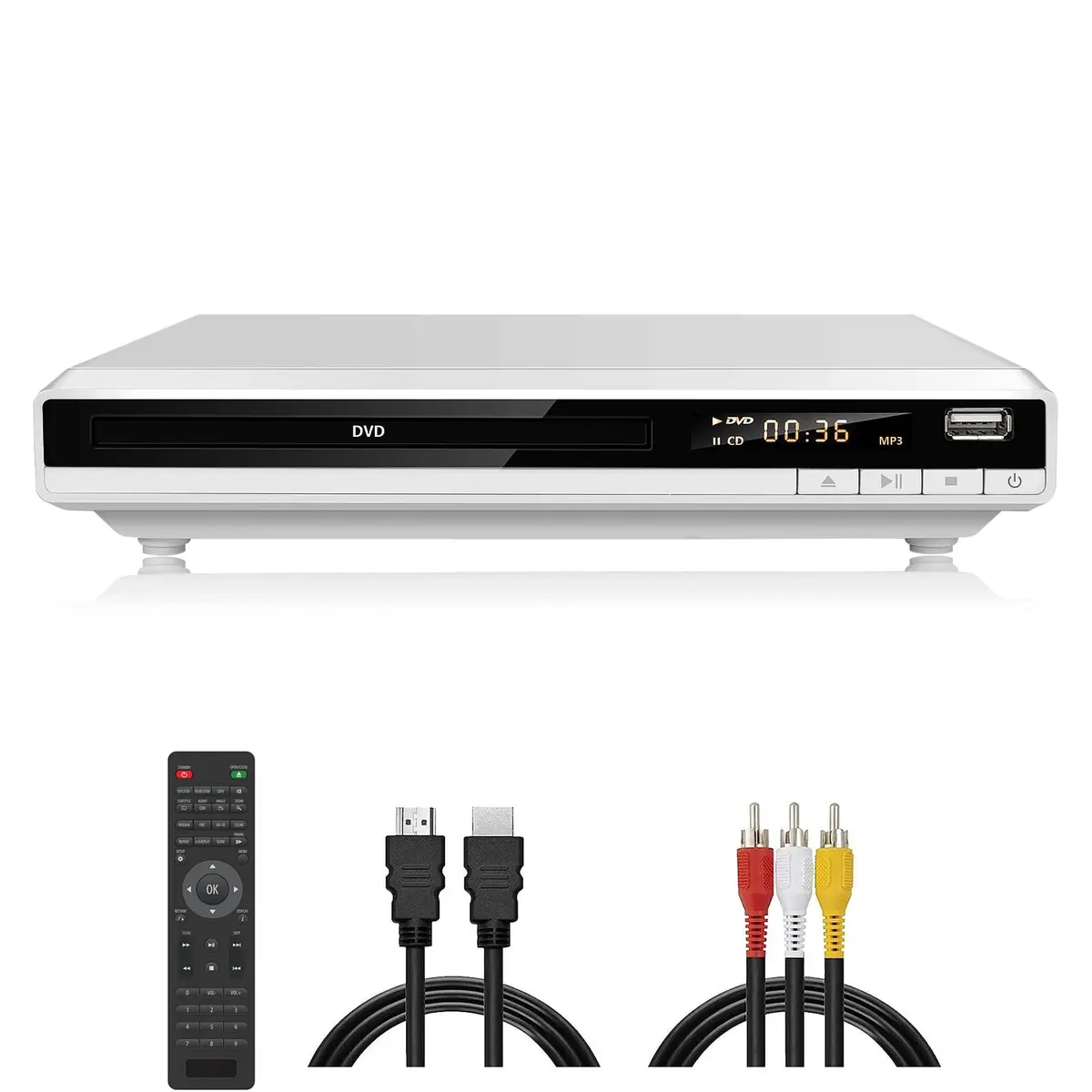 JOVELL DVD Player for TV, Region-Free, 1080P HD, USB & HDMI Output, Supports All Regions, Compact White Model (168) - main product image