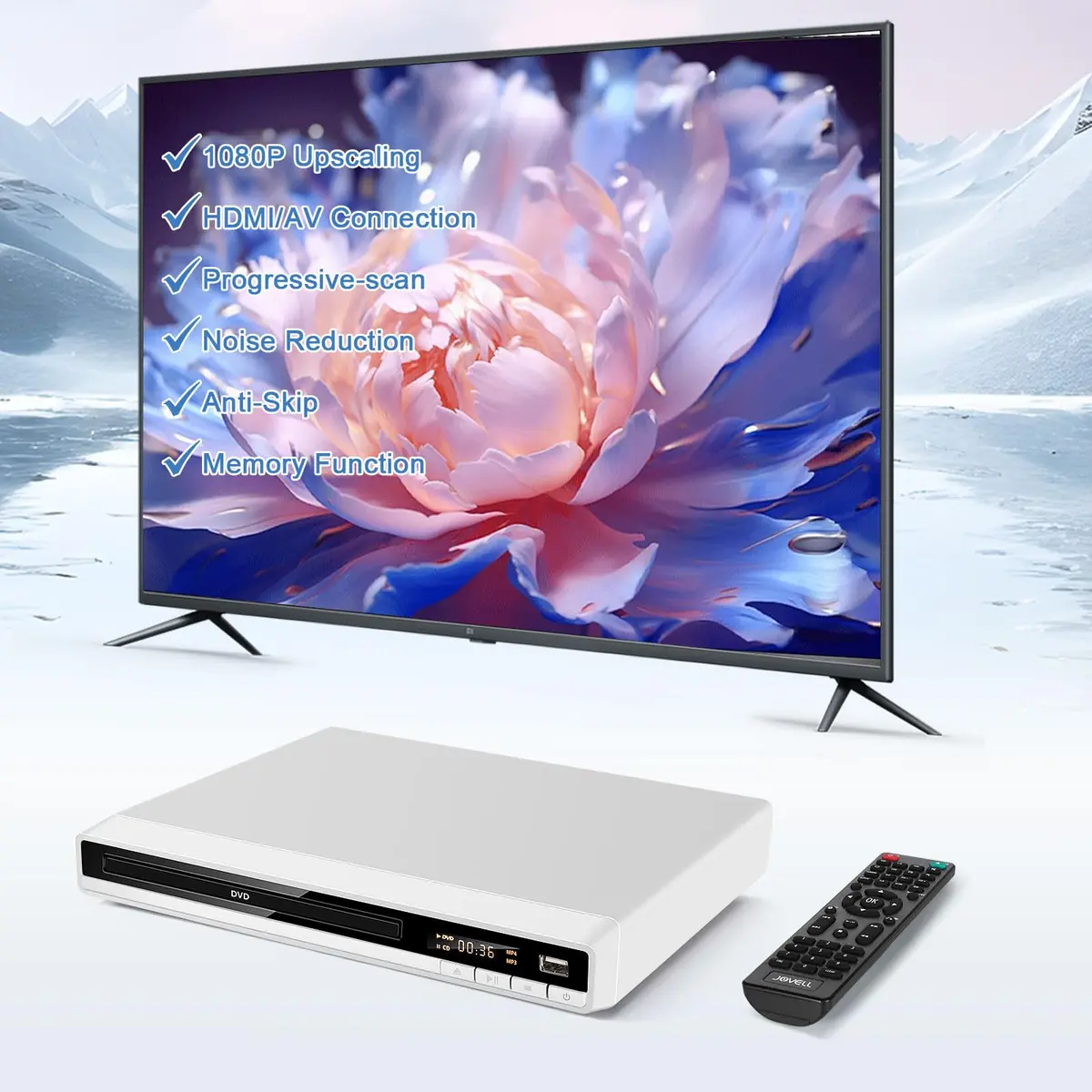 JOVELL DVD Player for TV, Region-Free, 1080P HD, USB & HDMI Output, Supports All Regions, Compact White Model (168) - view 2