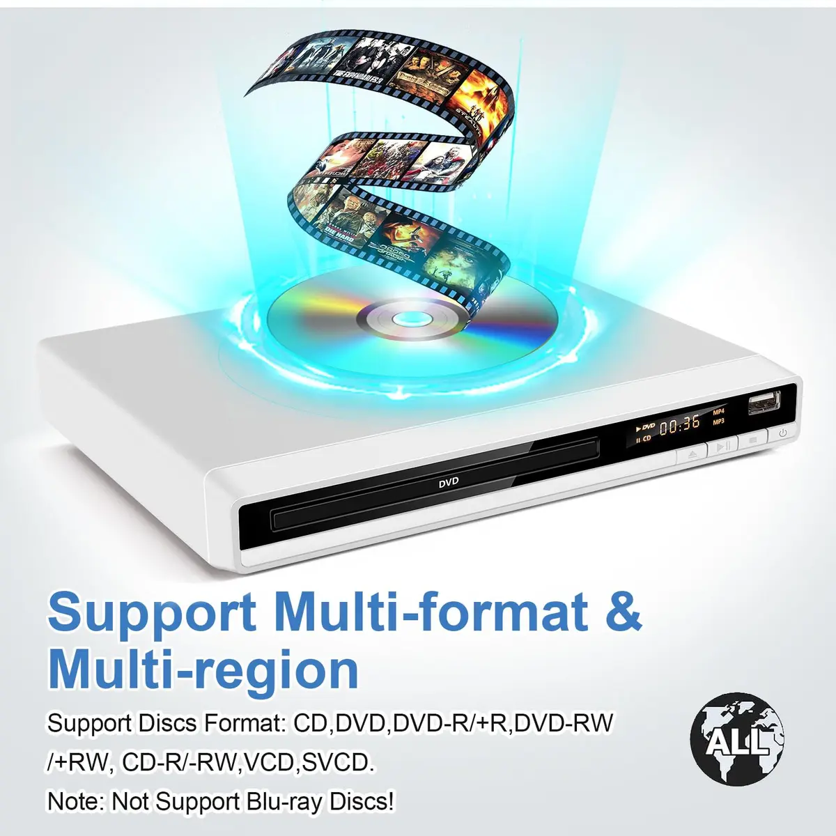 JOVELL DVD Player for TV, Region-Free, 1080P HD, USB & HDMI Output, Supports All Regions, Compact White Model (168) - view 3