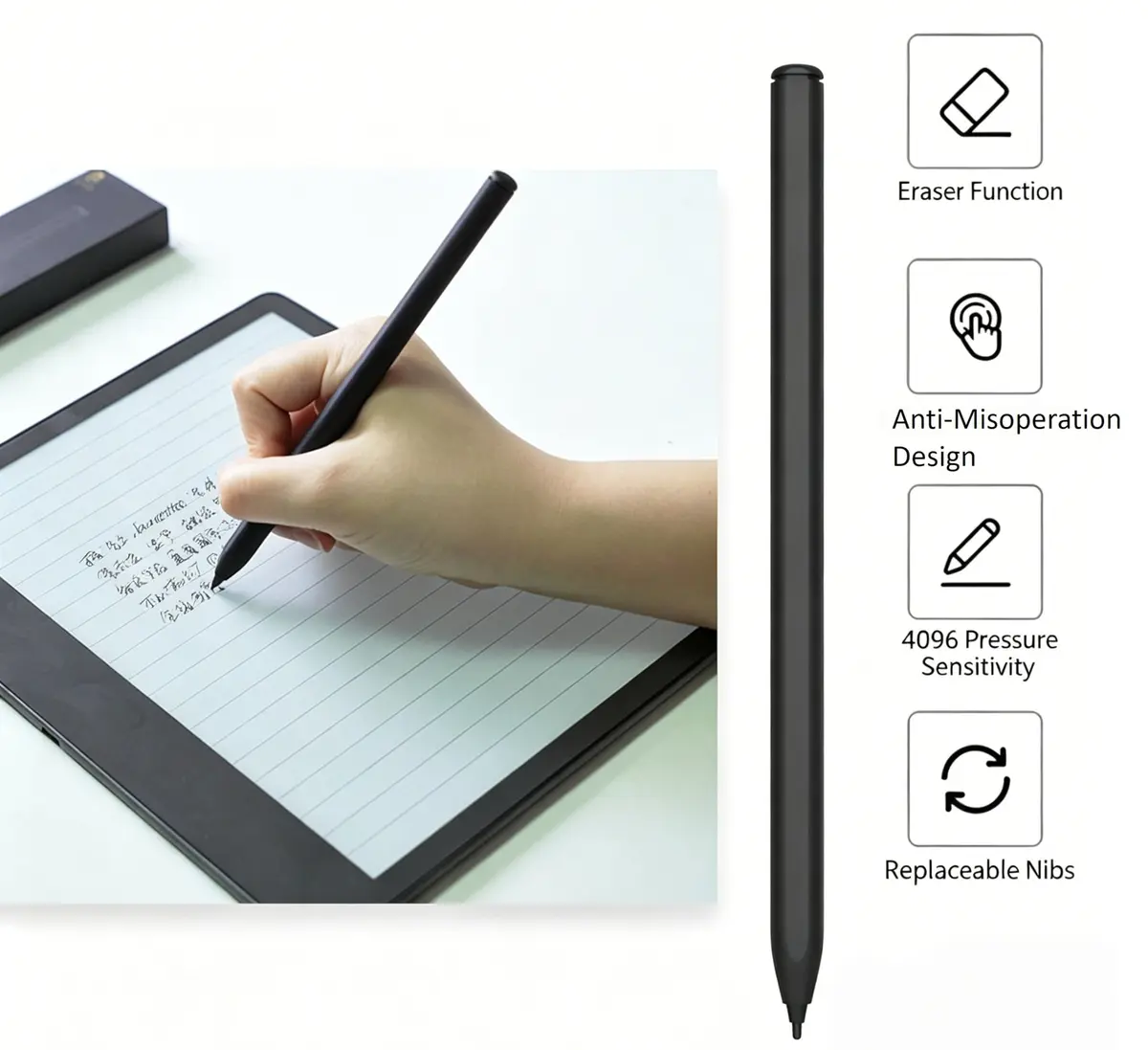 fllynewrite Magnetic Stylus Pen with Eraser & 5 Nibs for Remarkable 2, Kindle Scribe, BOOX Tablets (Black) - view 2