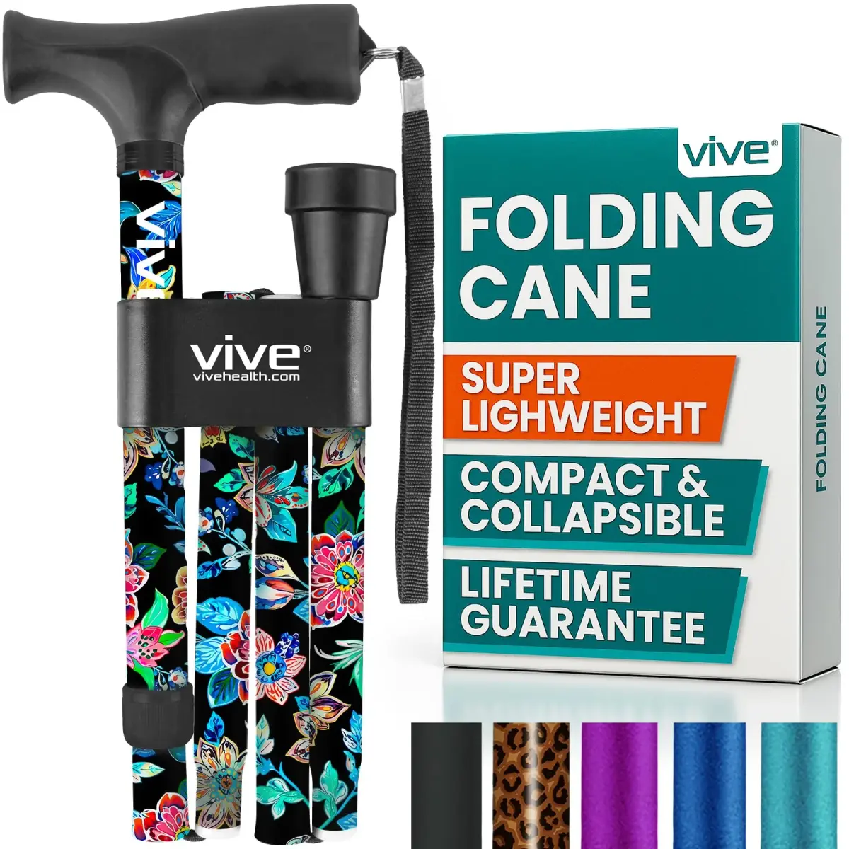Vive Folding Cane - Adjustable Walking Stick with Ergonomic Grip & Non-Slip Tip, 33"-37" (Neon Flower) - main product image