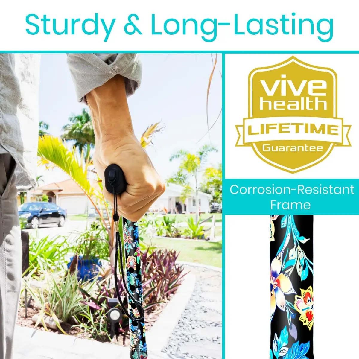 Vive Folding Cane - Adjustable Walking Stick with Ergonomic Grip & Non-Slip Tip, 33"-37" (Neon Flower) - view 3