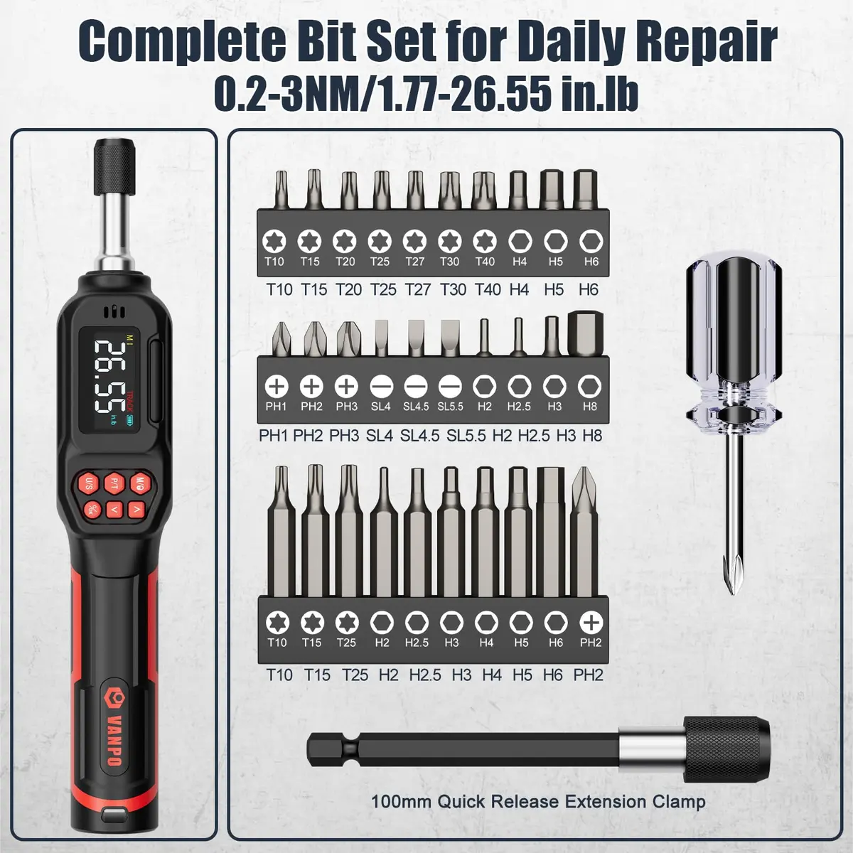 VANPO Digital Torque Screwdriver 1.77-26.55 in.lb (0.2-3Nm) | ±2% Accuracy Precision Tool - view 5