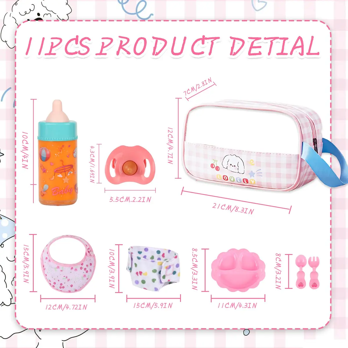 CARANOVO Baby Doll Feeding & Caring Set, 7-Piece Kit for 10-17 Inch Dolls, Pink - view 4