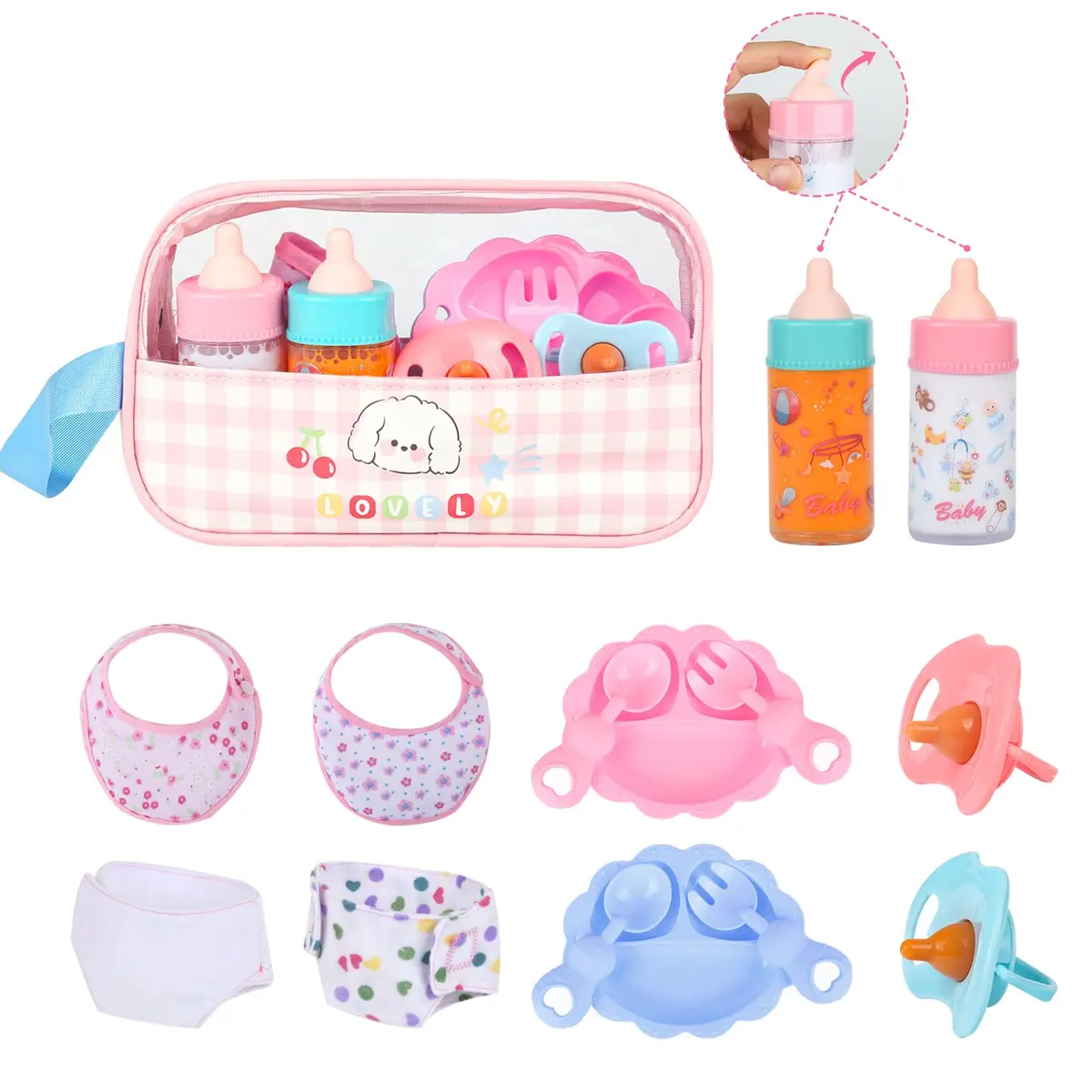 CARANOVO Baby Doll Feeding & Caring Set, 7-Piece Kit for 10-17 Inch Dolls, Pink - main product image