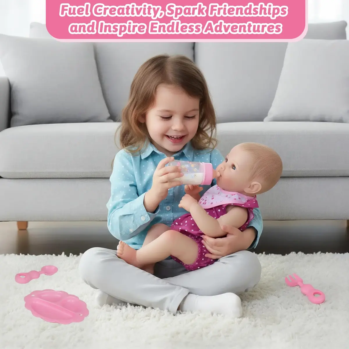 CARANOVO Baby Doll Feeding & Caring Set, 7-Piece Kit for 10-17 Inch Dolls, Pink - view 8